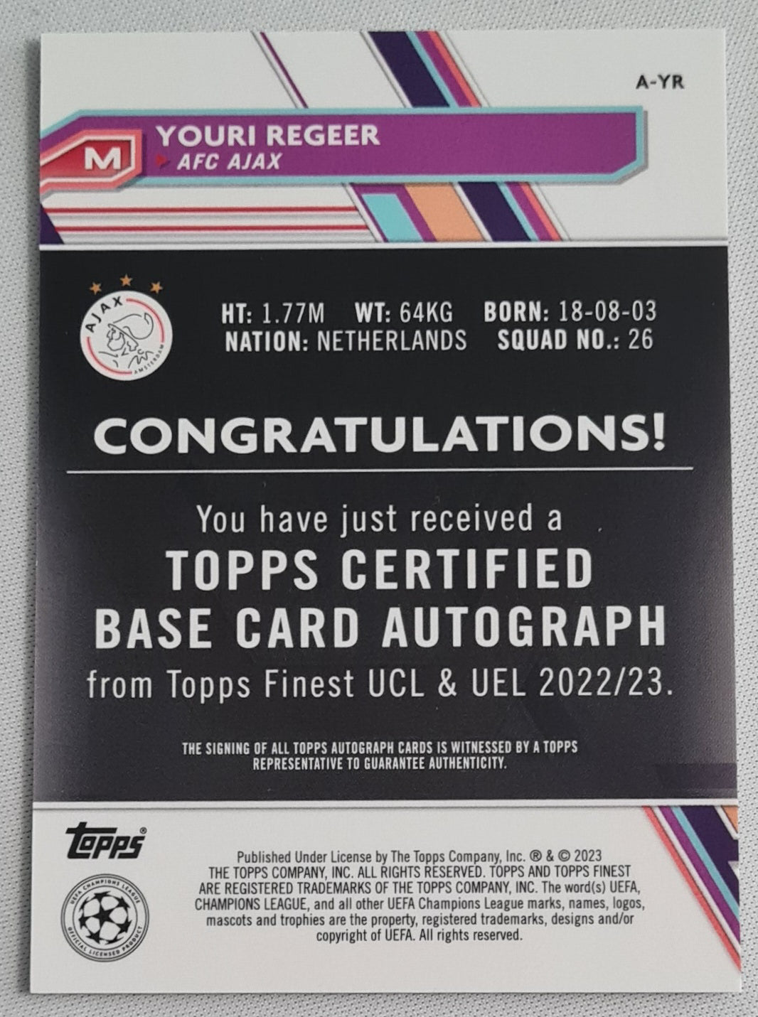 Youri Regeer - 2023 Topps Finest (RC) Ajax Amsterdam - /Auto