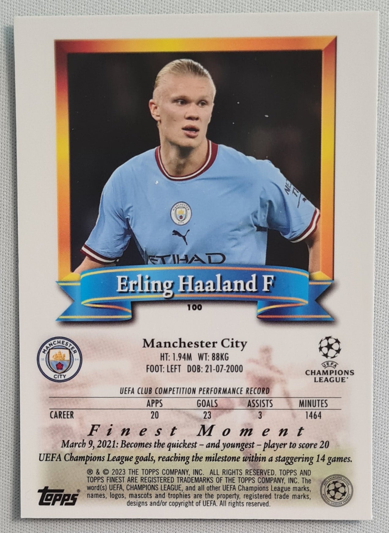 Erling Haaland - 2023 Topps Finest Moments #100 - Manchester City