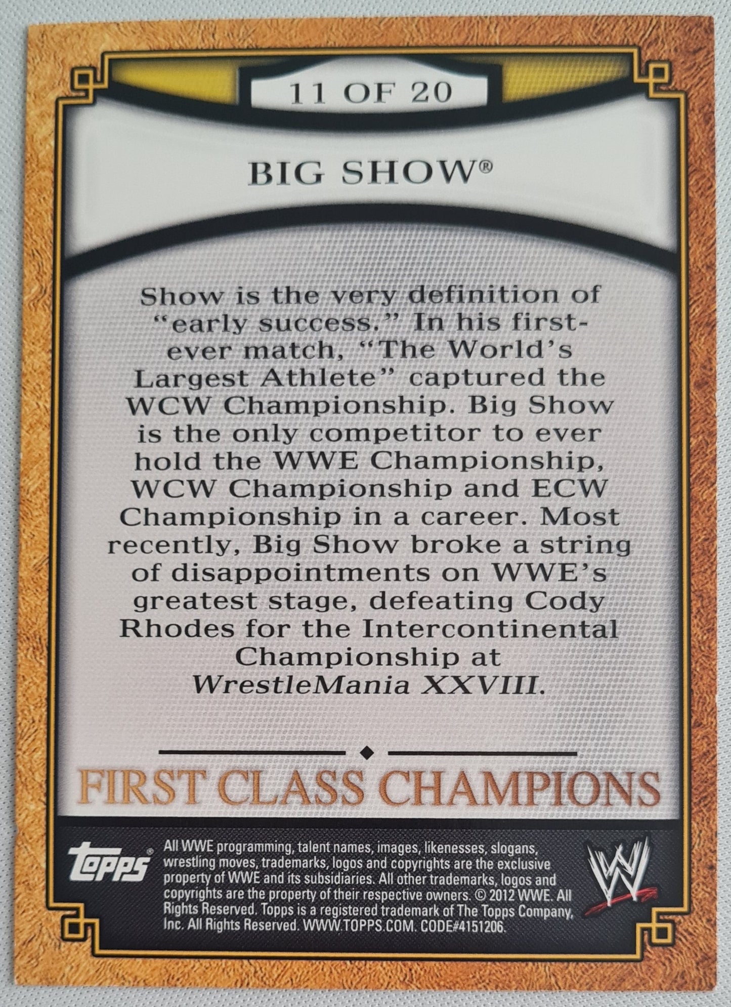 Big Show - 2012 Topps First Class Champions #11 of 20 Collection Card