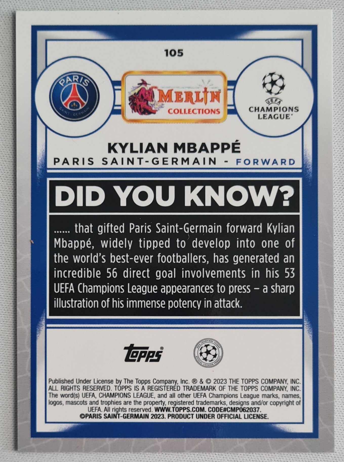 Kylian Mbappe - 2023 Topps Merlin Champions League #105 Aqua Prism - PSG