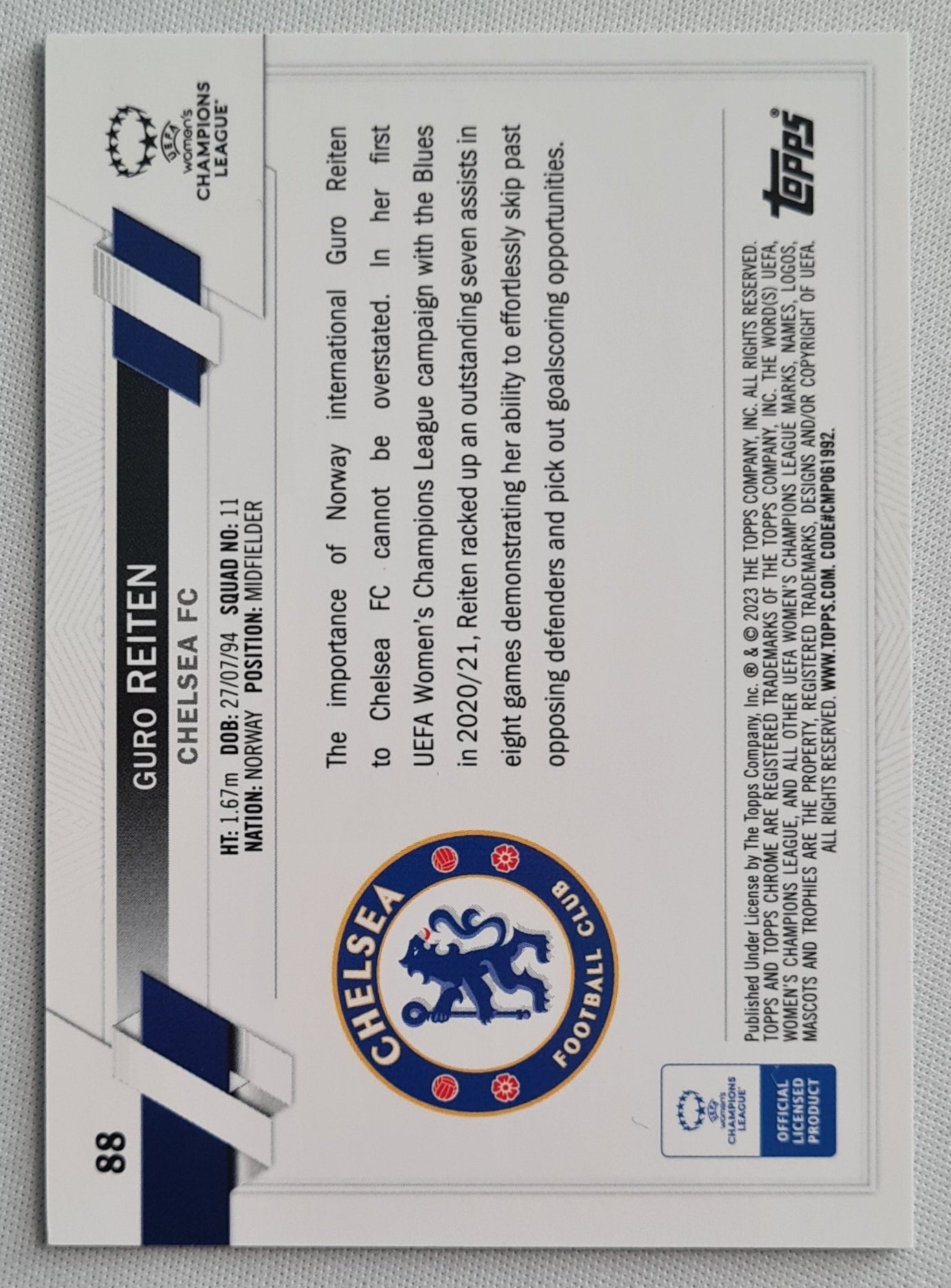 Guro Reiten - 2023 Topps Chrome Women Football Aqua Prism #88 - Chelsea FC Rookie Card