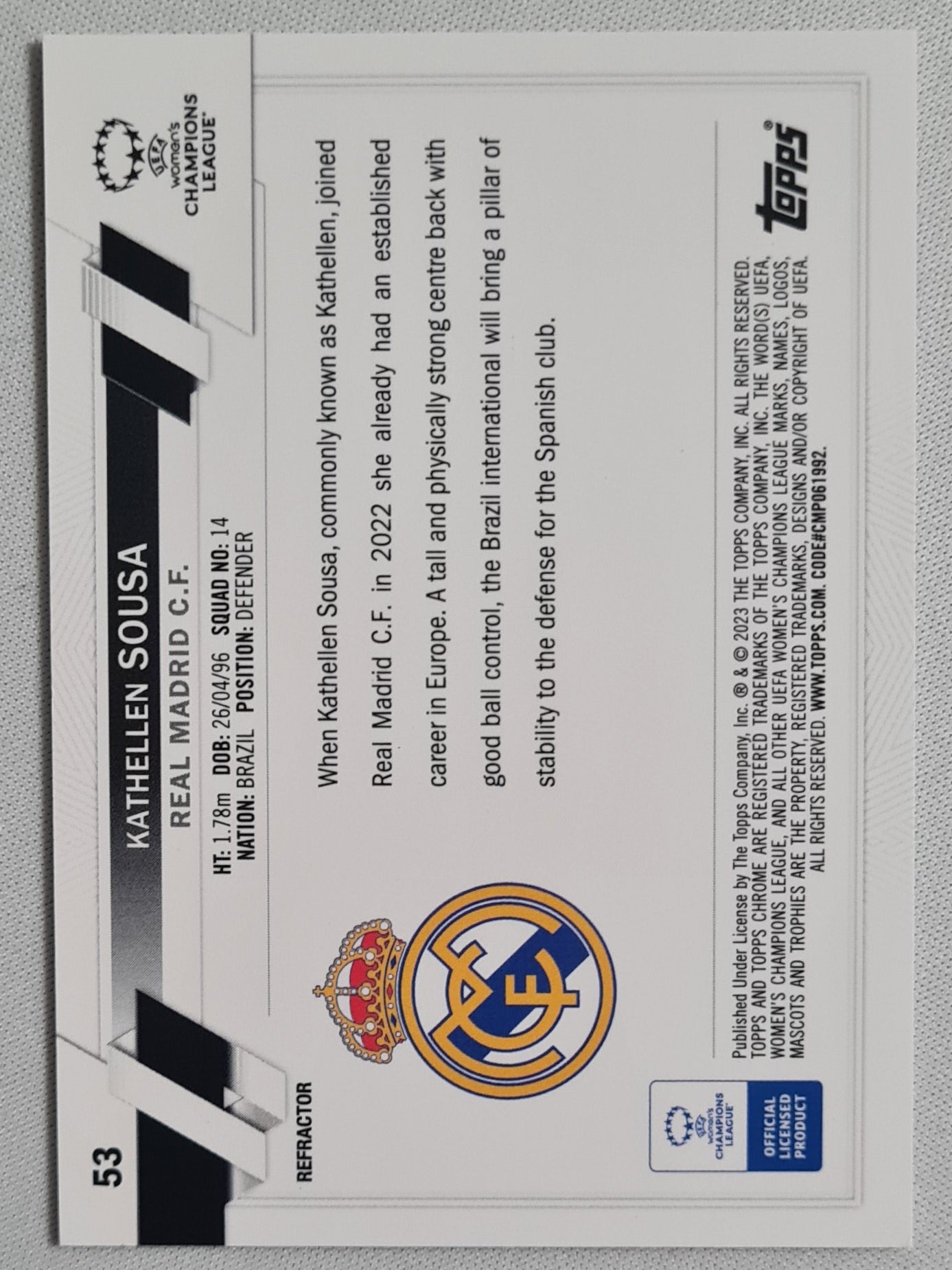 Kathellen Sousa - 2023 Topps Chrome Women Football (RC) - Holo Refractor - Real Madrid C.F.