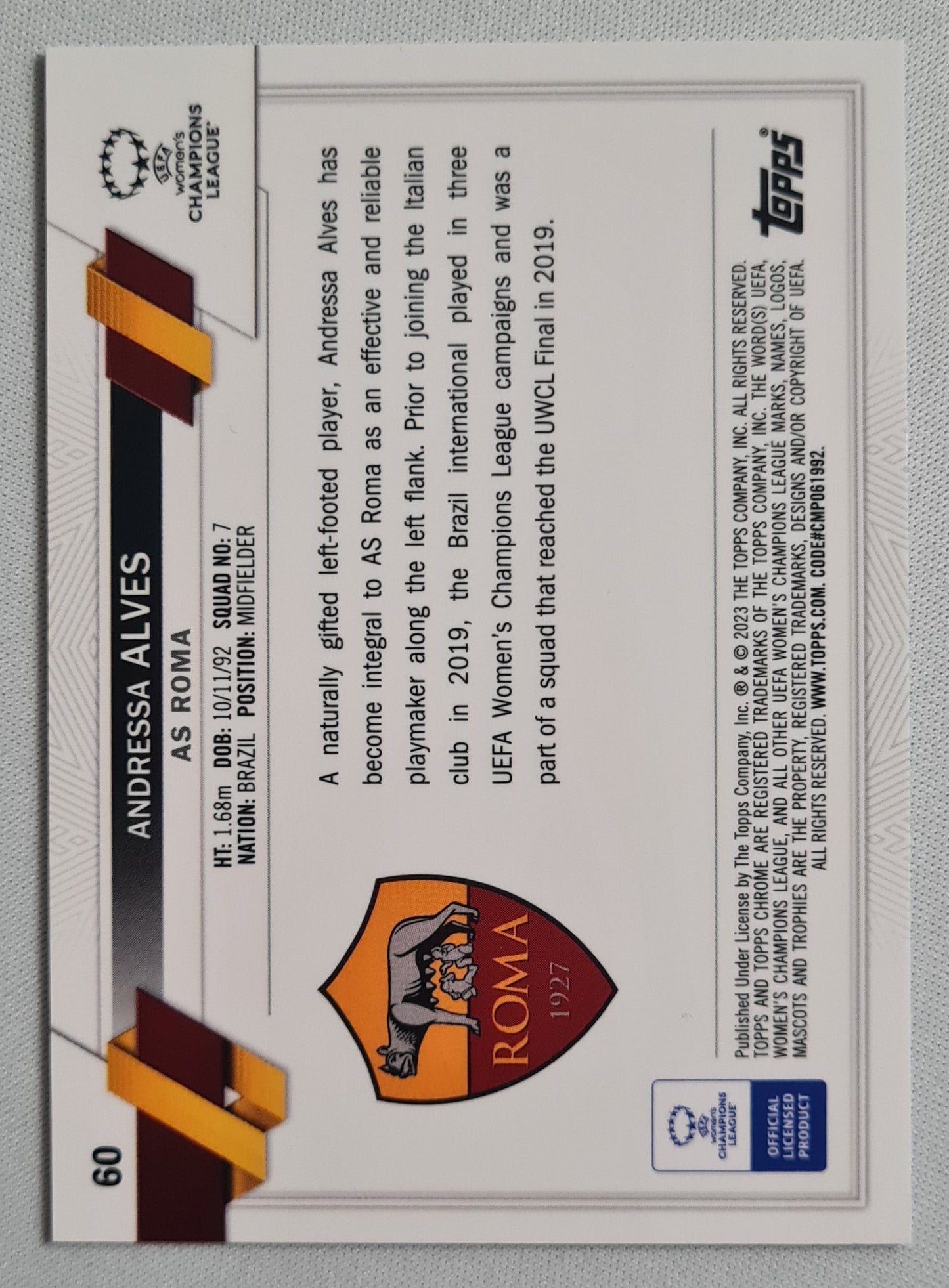 Andressa Alves - 2023 Topps Chrome Women Football Blue (RC) /250 A.S. Roma