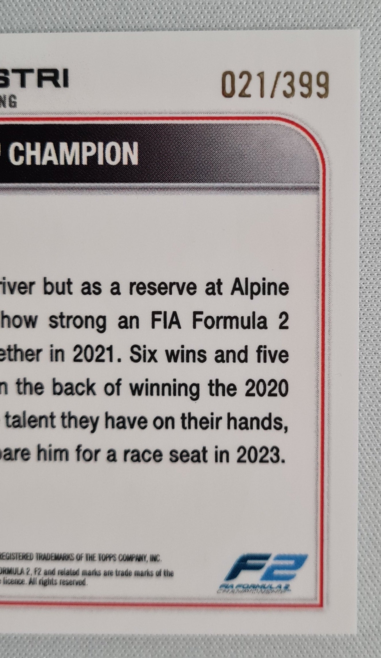 Oscar Piastri - 2022 Topps Chrome "2021 Award Winners Formula 2" F2 #199 - Purple Refractor /399