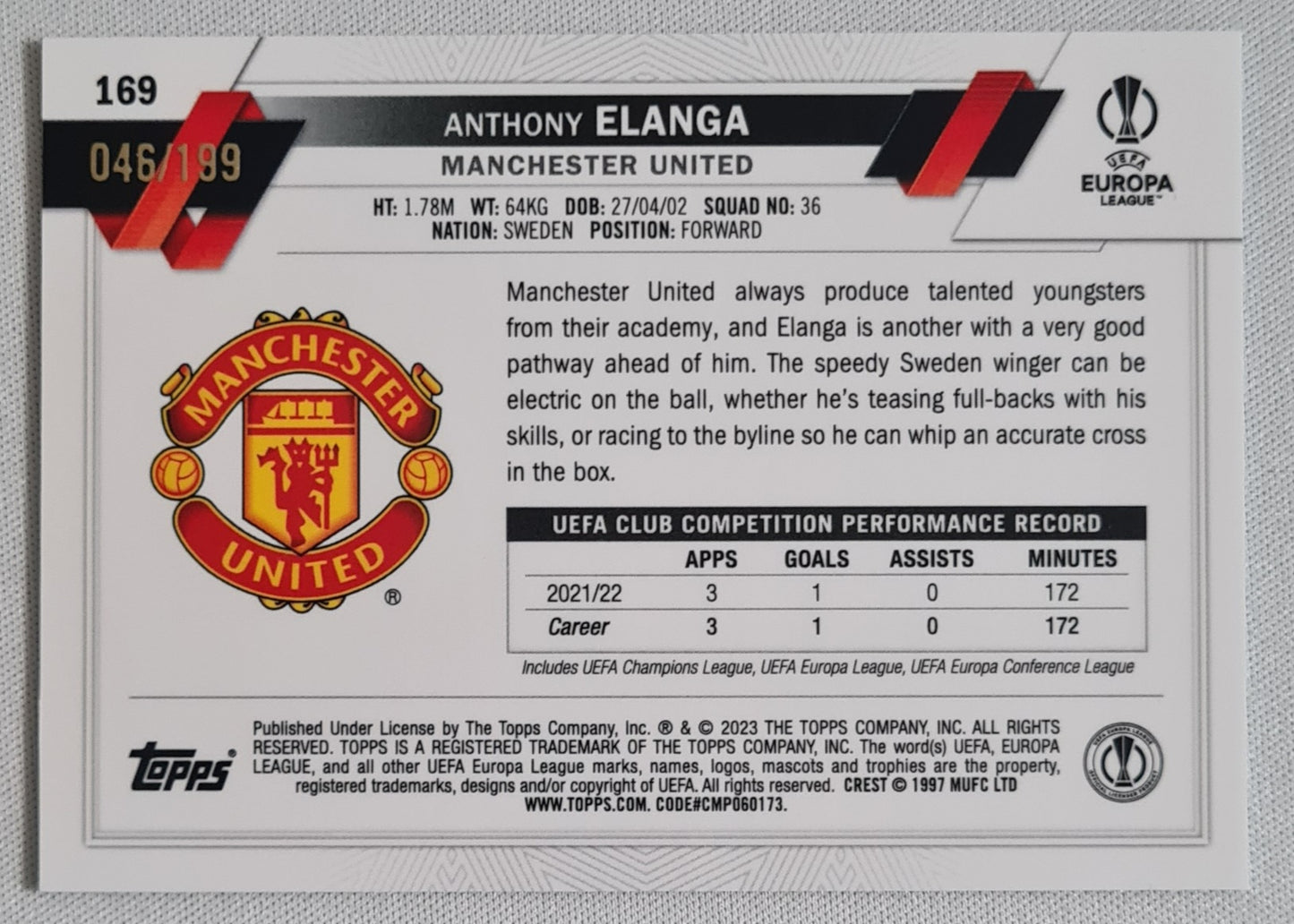 Anthony Elanga - 2023 Topps Chrome "Future Stars" #169 - Man United (EL) Aqua /199