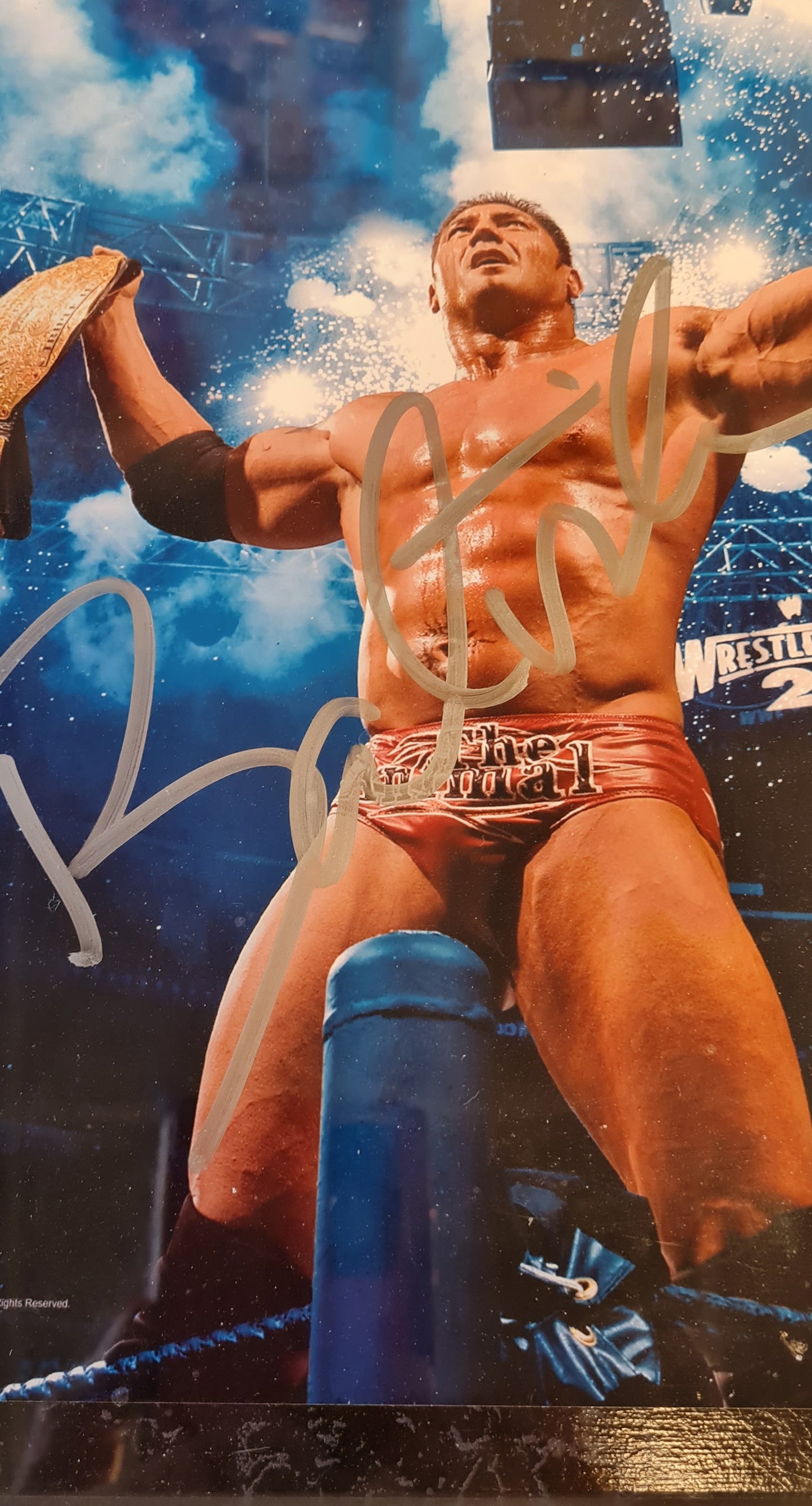 Batista - WWE Superstar Autograph Picture in frame with Blood on canvas WrestleMania 21