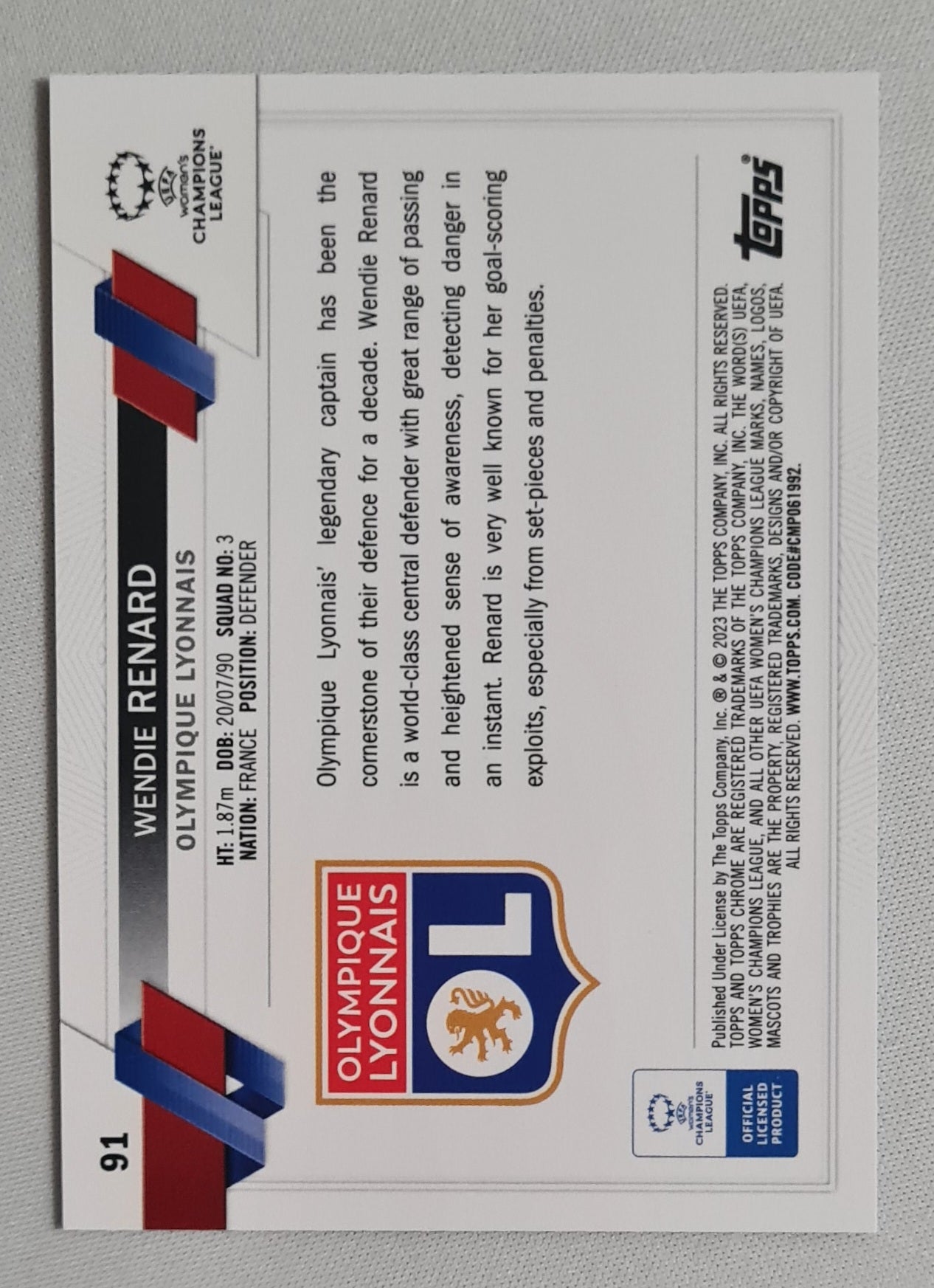 Wendie Renard - 2023 Topps Chrome Aqua Olympique Lyonnais (CL) (RC) #91