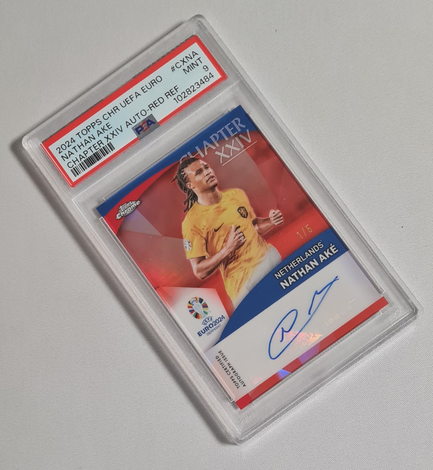 Nathan Ake - 2024 Topps Chrome UEFA Euro - Chapter XXIV Auto-Red Refractor #CXNA /5 PSA 9 MINT