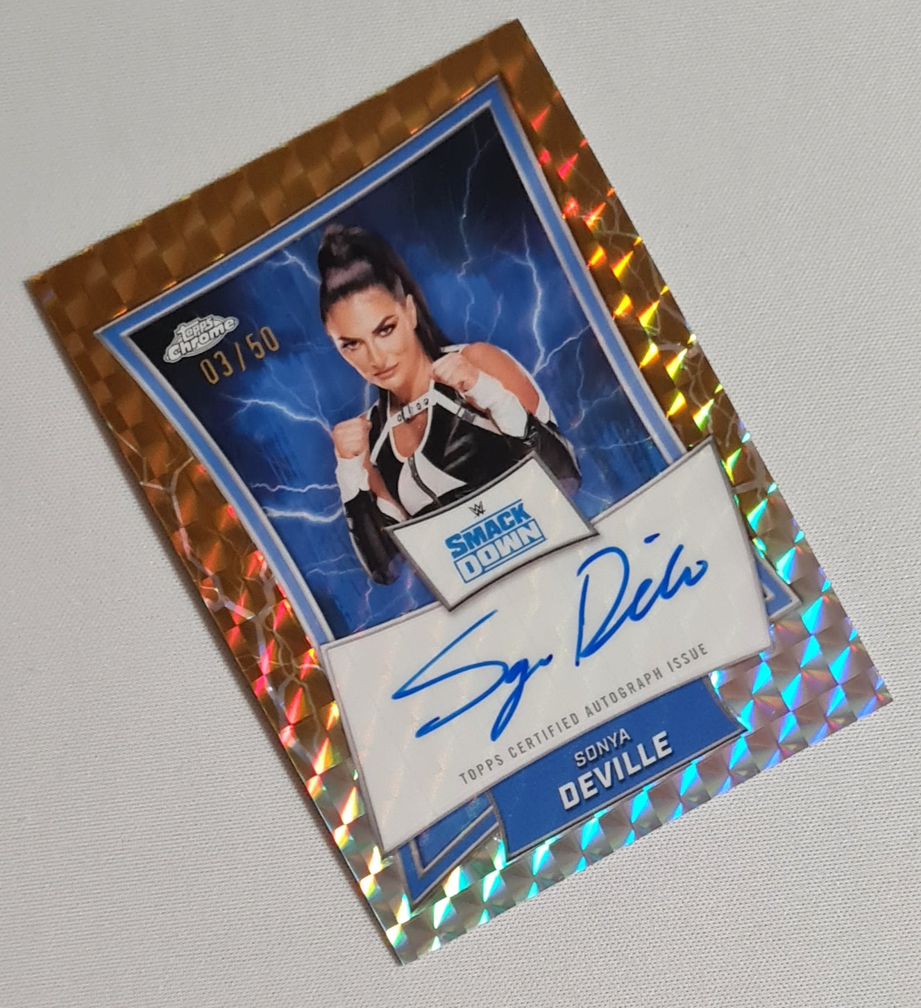 Sonya Deville - 2025 Topps Chrome WWE Blue Brand on card Auto - Orange Geometric /50