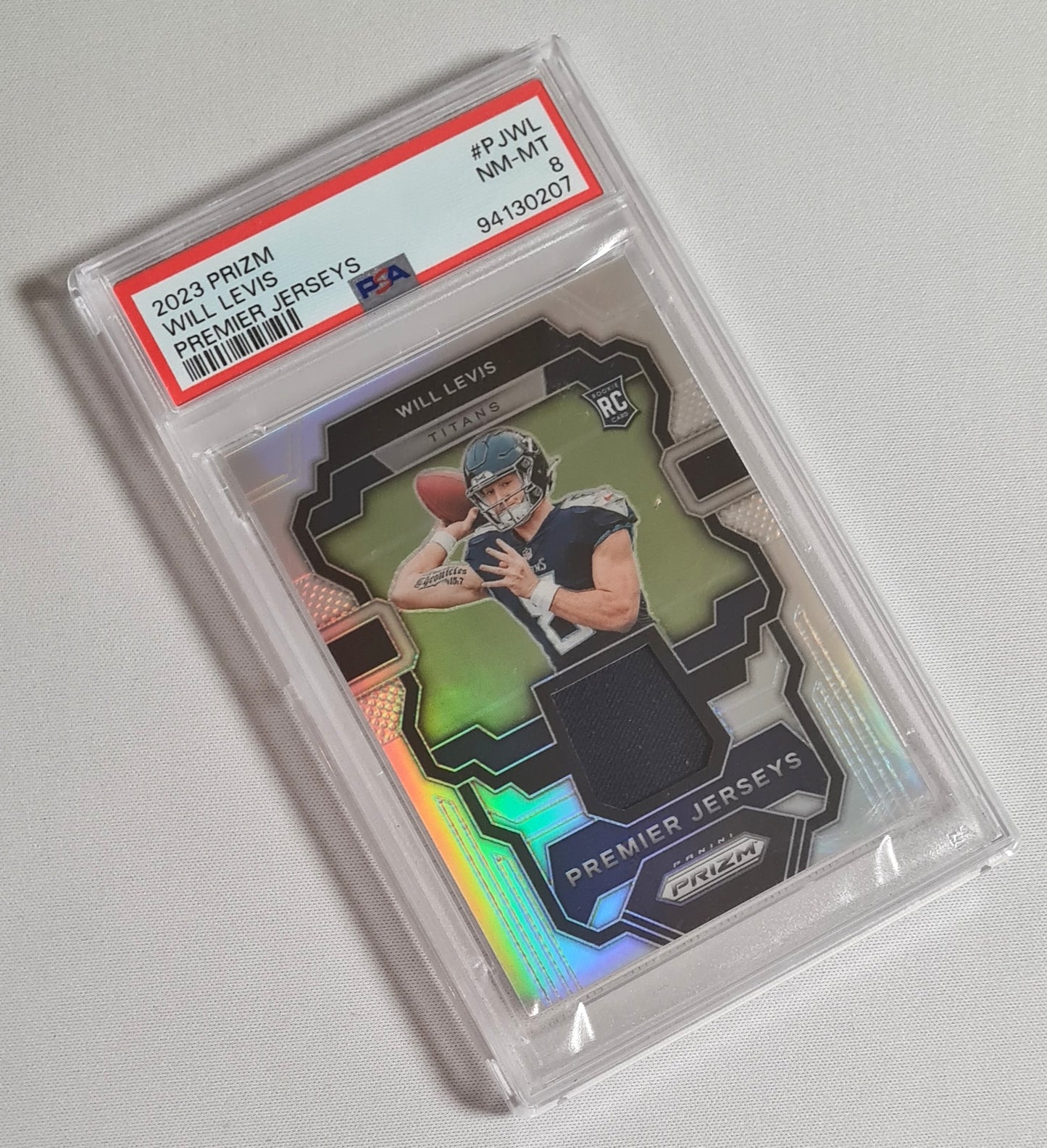 Will Levis - 2023 Prizm Premier Jerseys Tennessee Titans (RC) #PJ-WL /Patch Refractor PSA 8