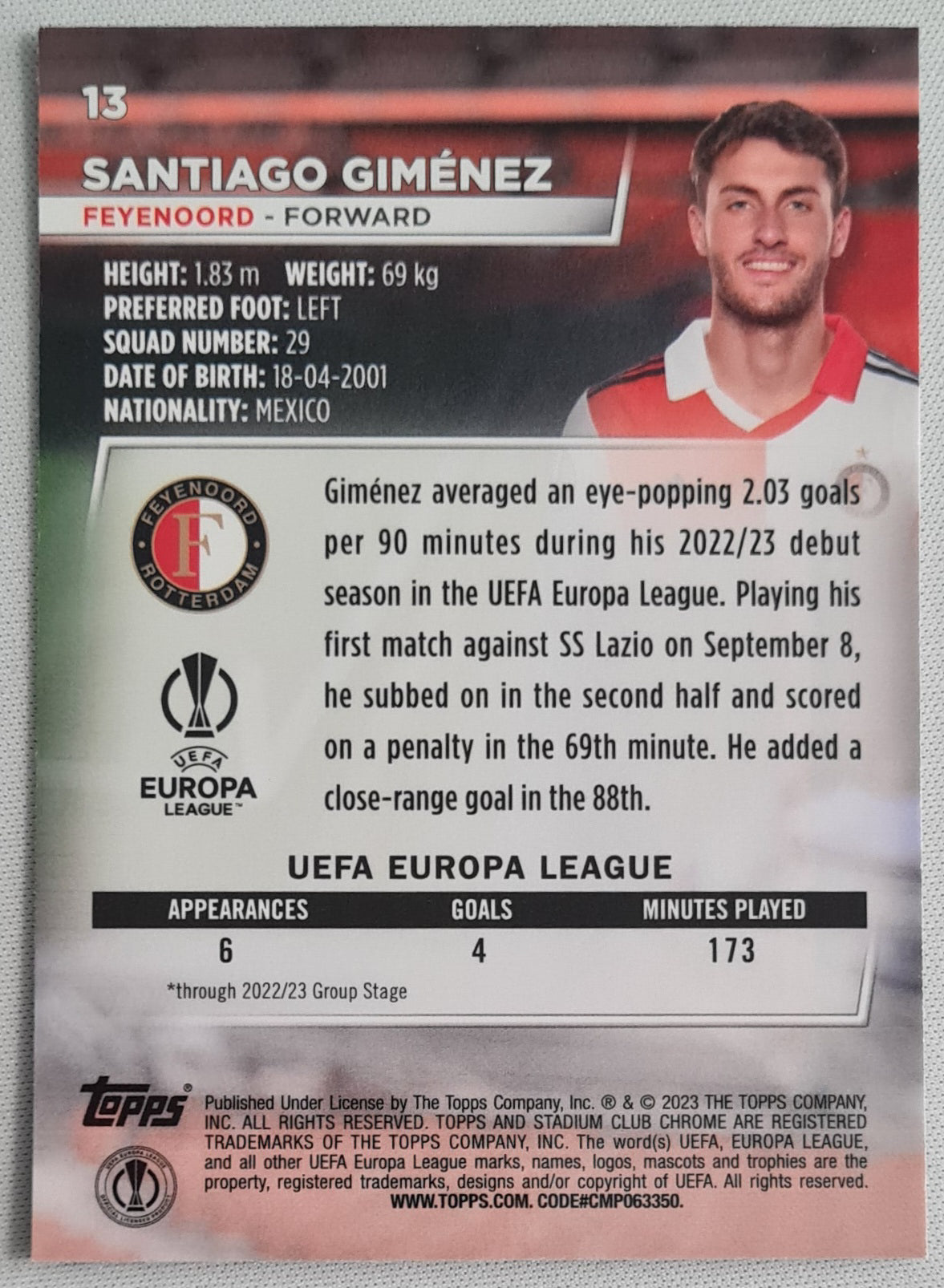 Santiago Gimenez - 2023 Topps Stadium Chrome (RC) - Feyenoord