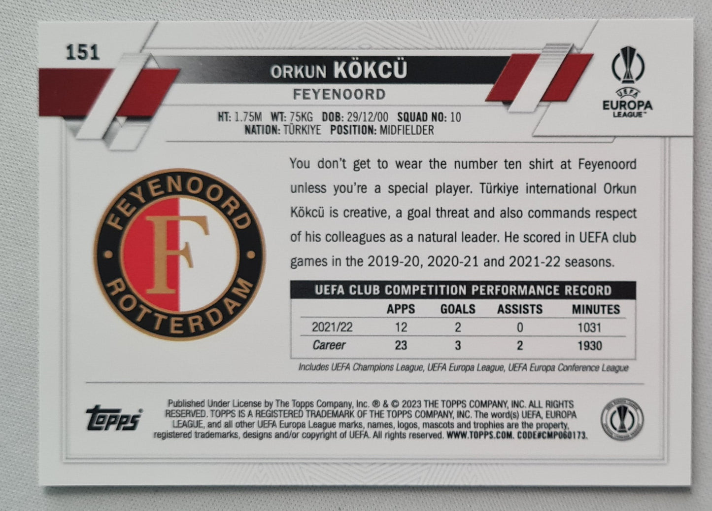 Orkun Kokcu - 2023 Topps Chrome Europa League (RC) - Feyenoord