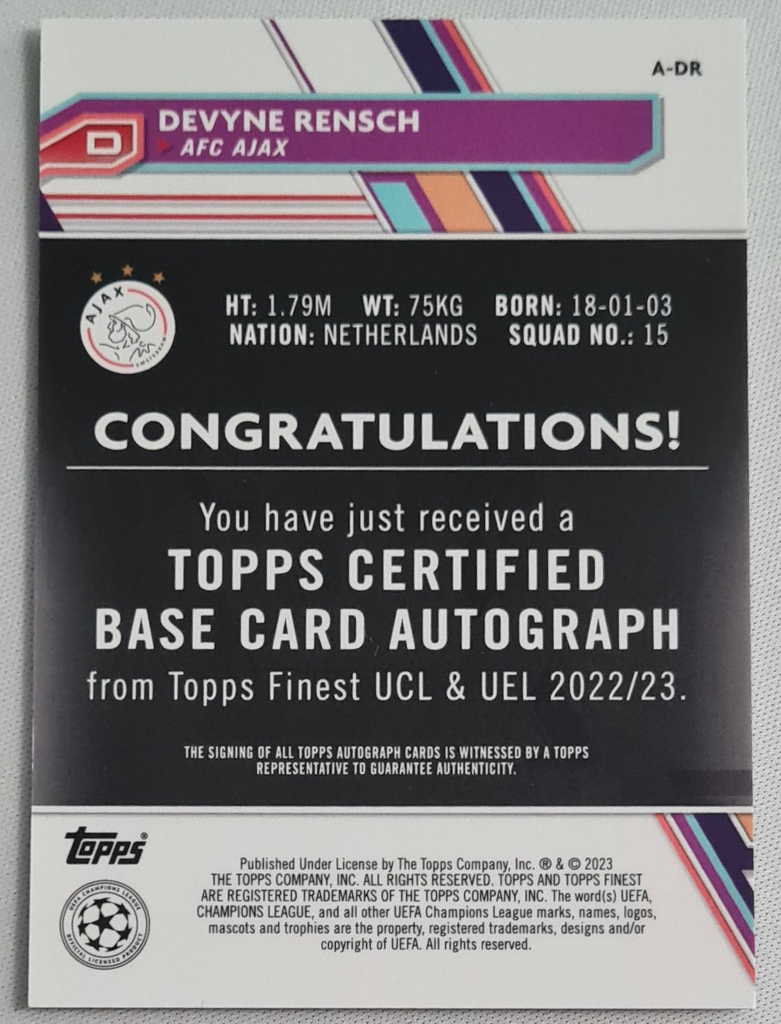 Devyne Rensch - 2023 Topps Finest - Ajax Amsterdam /Auto