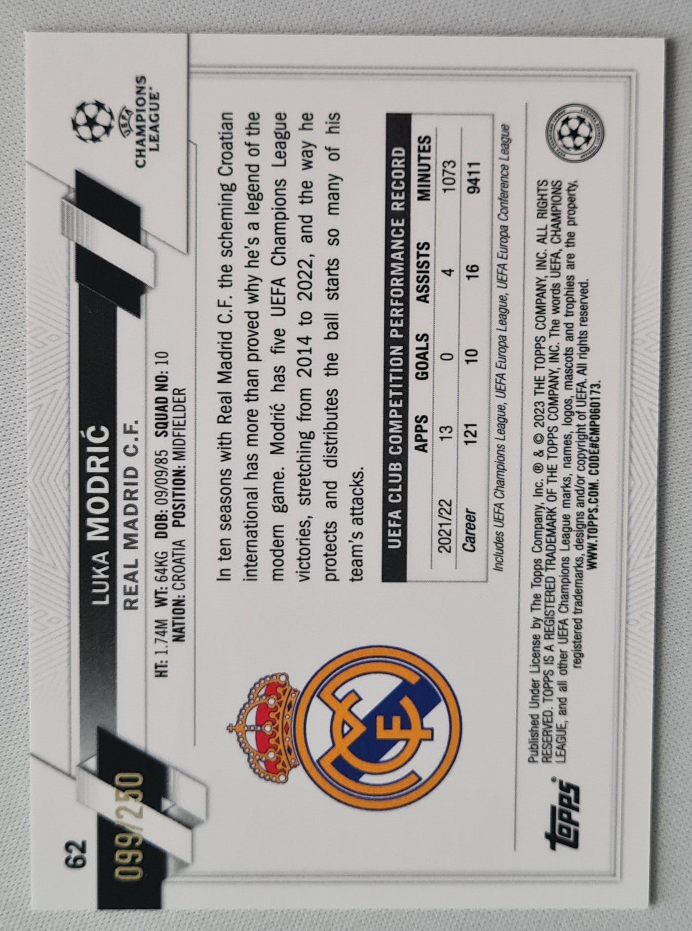 Luka Modric - 2023 Topps Chrome - Real Madrid - Pink Shimmer /250