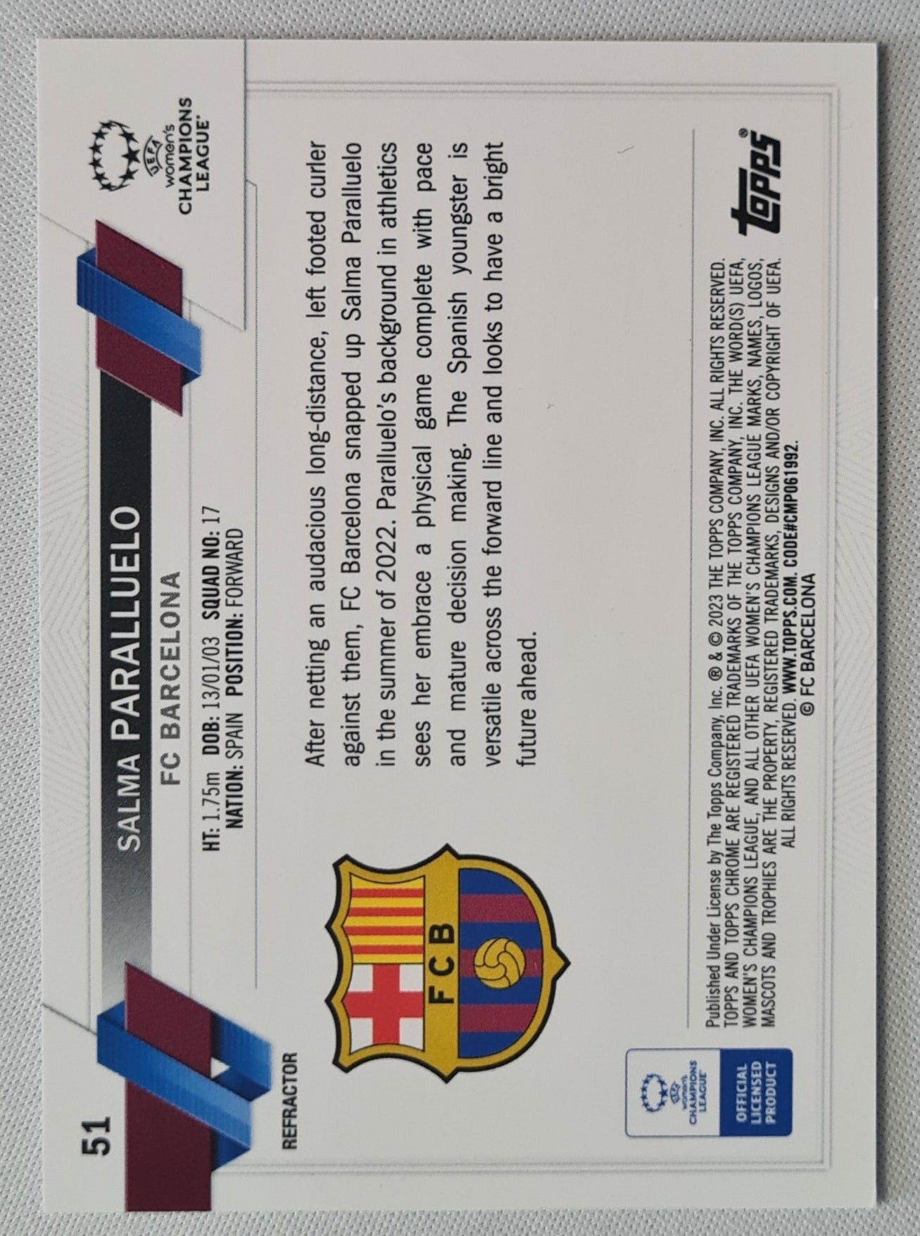 Salma Paralluelo - 2023 Topps Chrome Women Football FC Barcelona #51 (RC) - Refractor