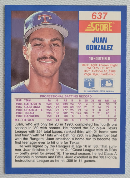 Juan Gonzalez - 1990 Score Baseball Card Texas Rangers Rookie #637