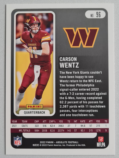 Carson Wentz - 2022 Panini Absolute Football NFL Washinngton Commanders Red Squares Parallel /499