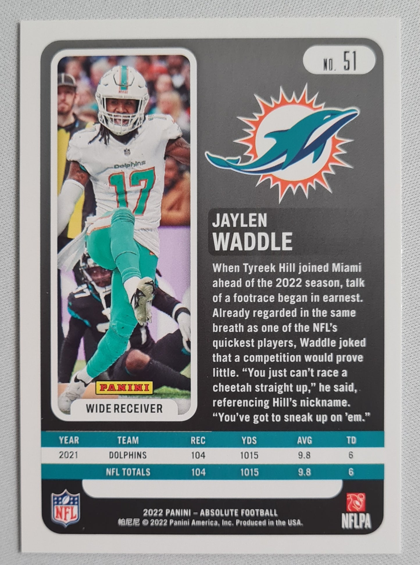 Jaylen Waddle - 2022 Panini Absolute Football NFL Miami Dolphins #51 Orange Foil /199