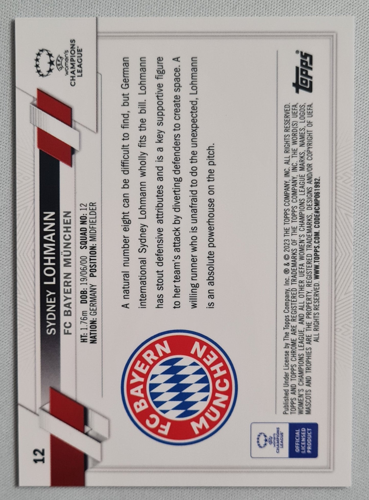 Sydney Lohmann - 2023 Topps Chrome Women Football Blue (RC) /250 - FC Bayern Munchen