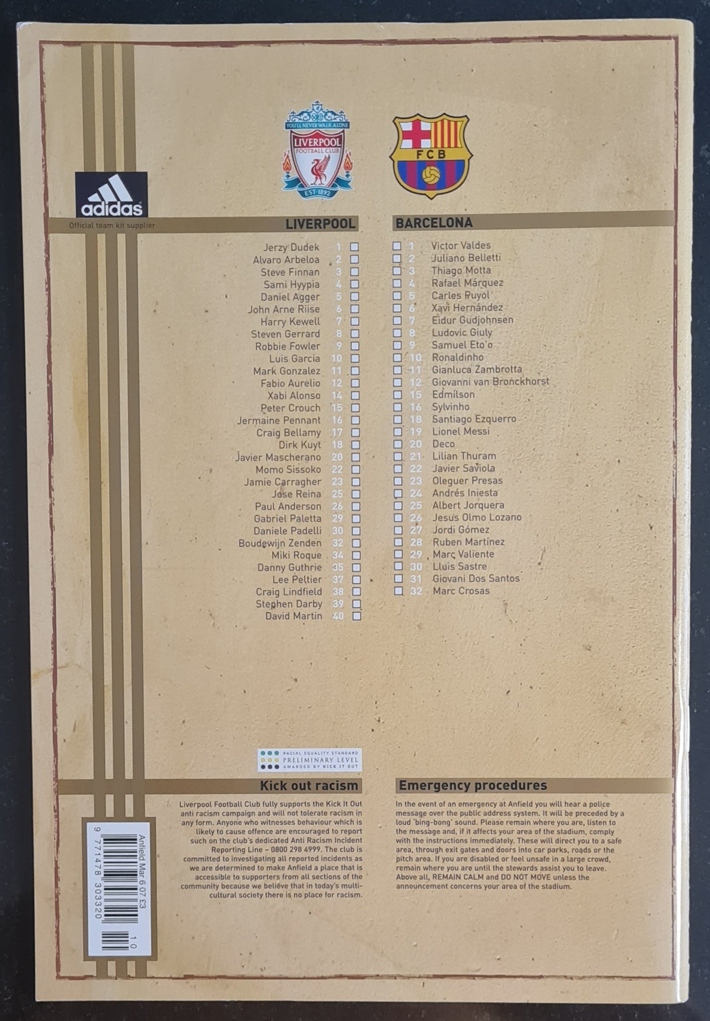 Liverpool official Programme - 2007 Liverpool vs Barcelona + Ticket Stub! - UEFA Champions league Match