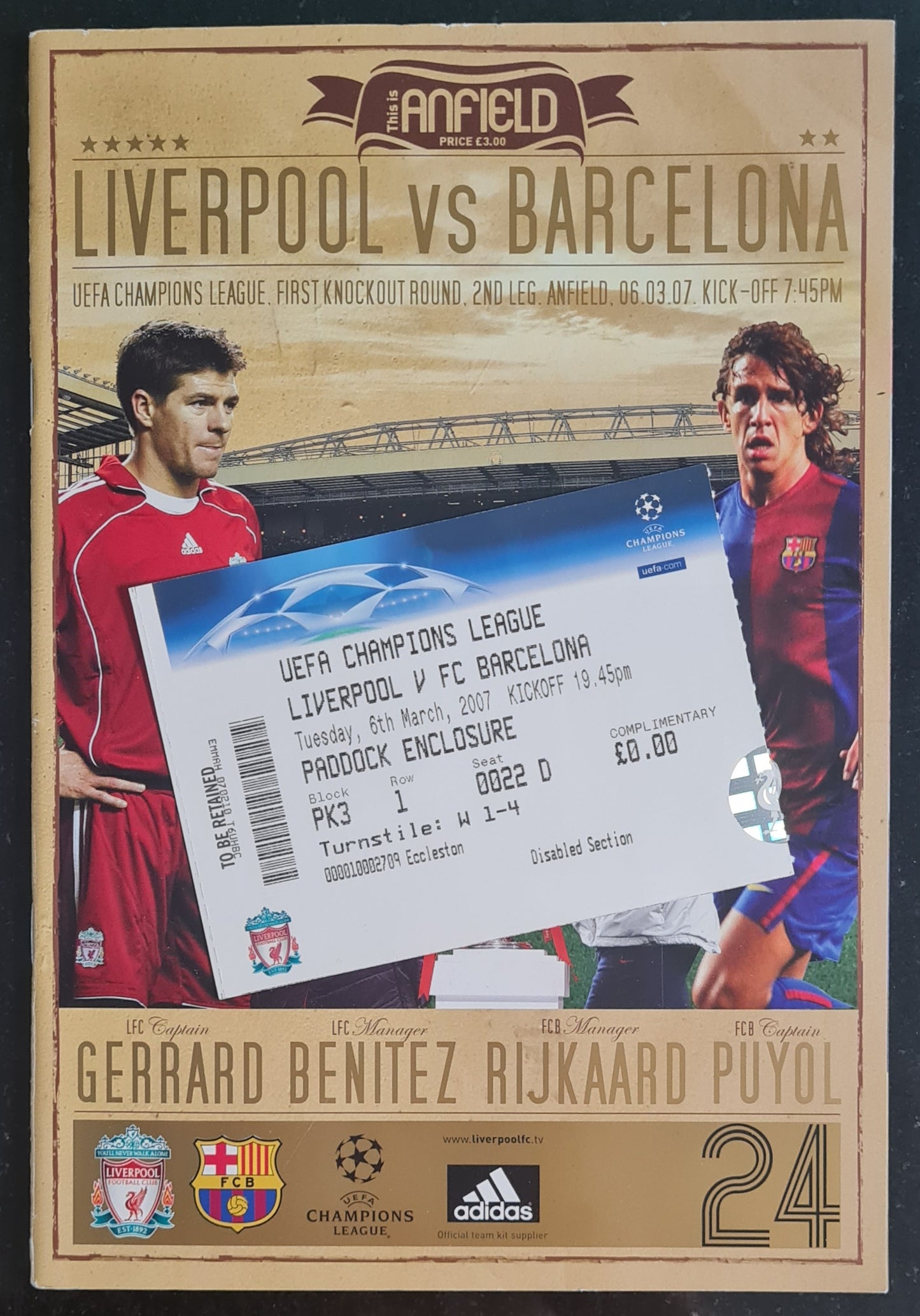 Liverpool official Programme - 2007 Liverpool vs Barcelona + Ticket Stub! - UEFA Champions league Match