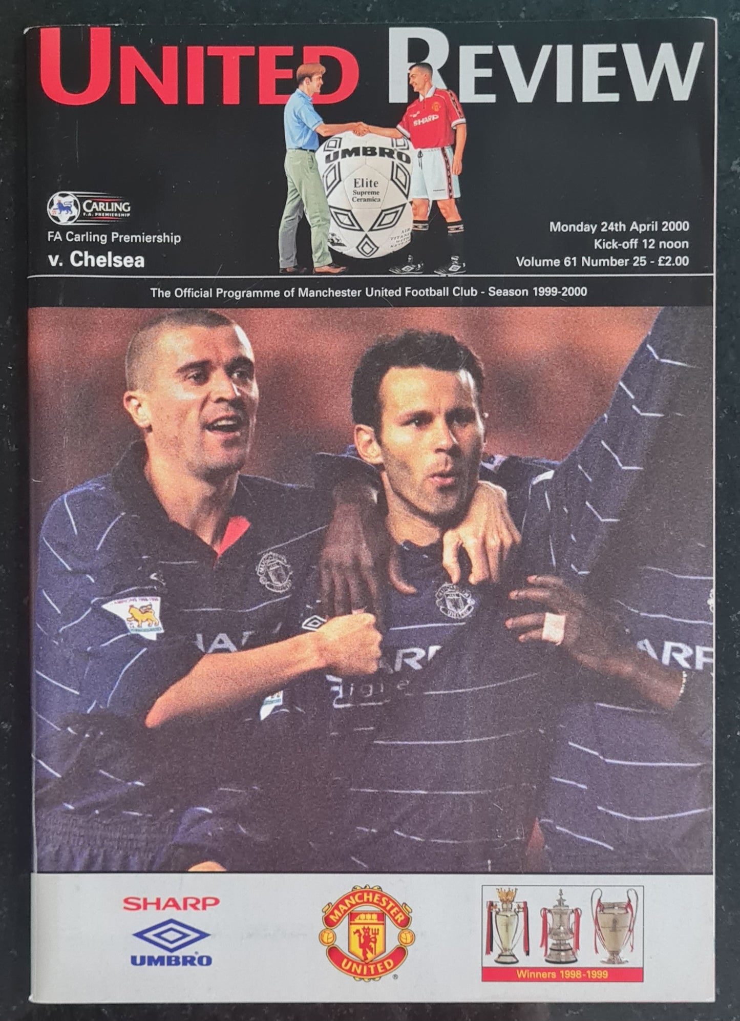 Manchester United vs Chelsea Vintage Programme - 2000 Carling Premiership Match w/ Comp. Card