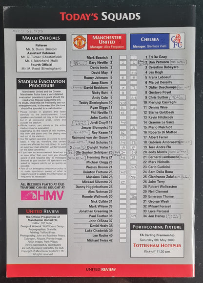 Manchester United vs Chelsea Vintage Programme - 2000 Carling Premiership Match w/ Comp. Card