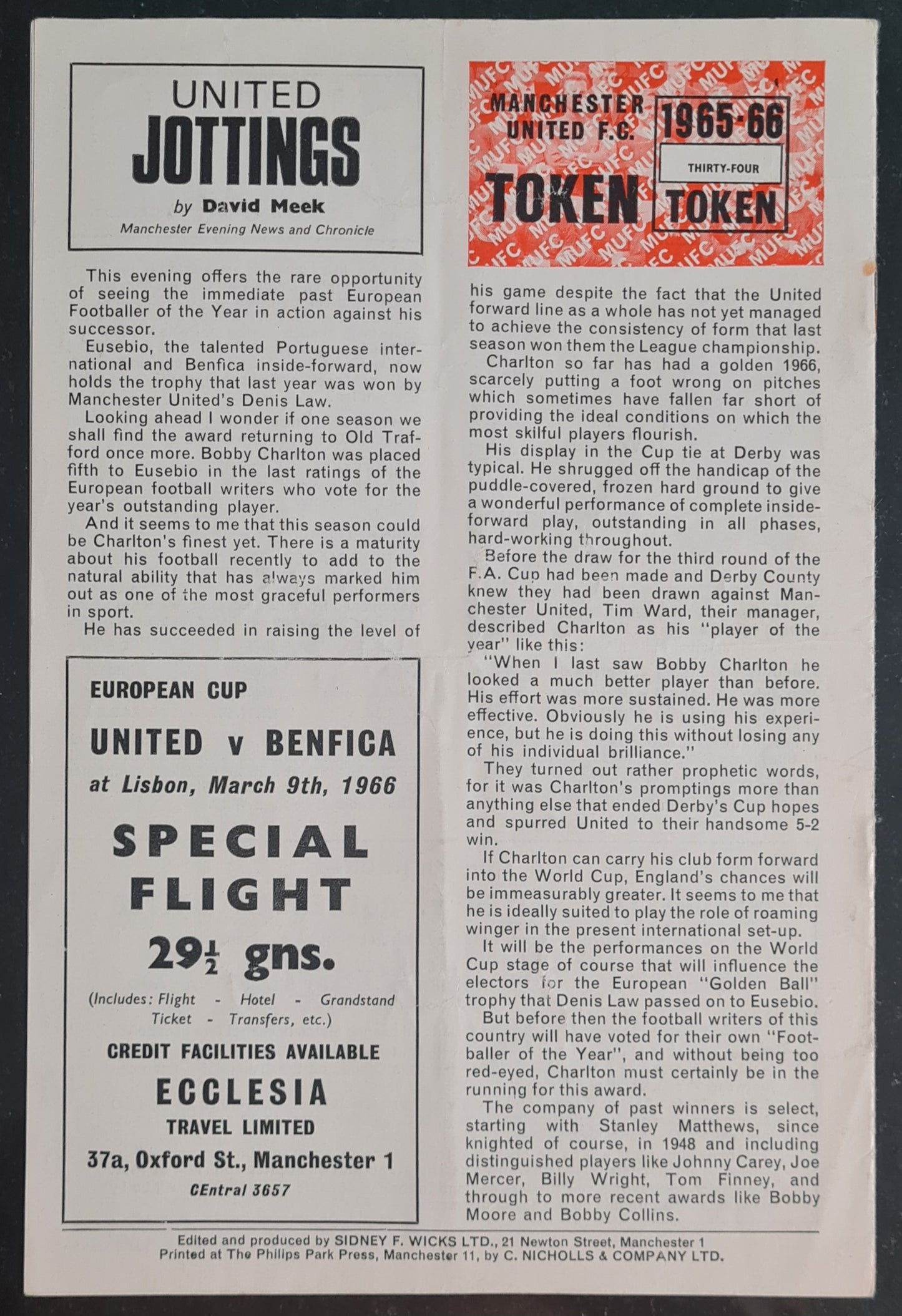 Special Edition Manchester United vs Benfica - 1965 European Cup Quarter Final - First Leg