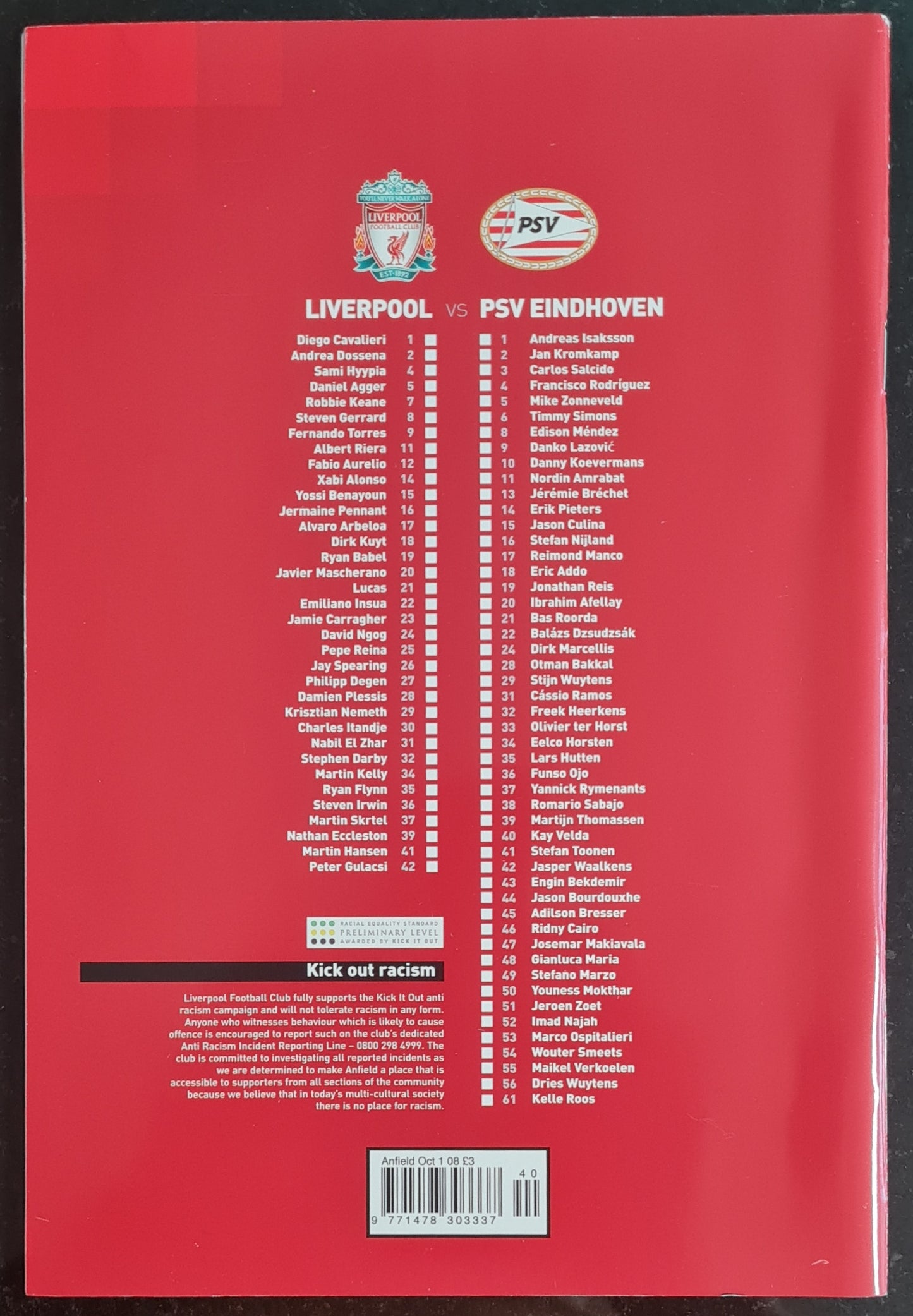 Anfield Official Matchday Programme - 2008 Liverpool vs PSV Eindhoven UEFA Champions League group stage