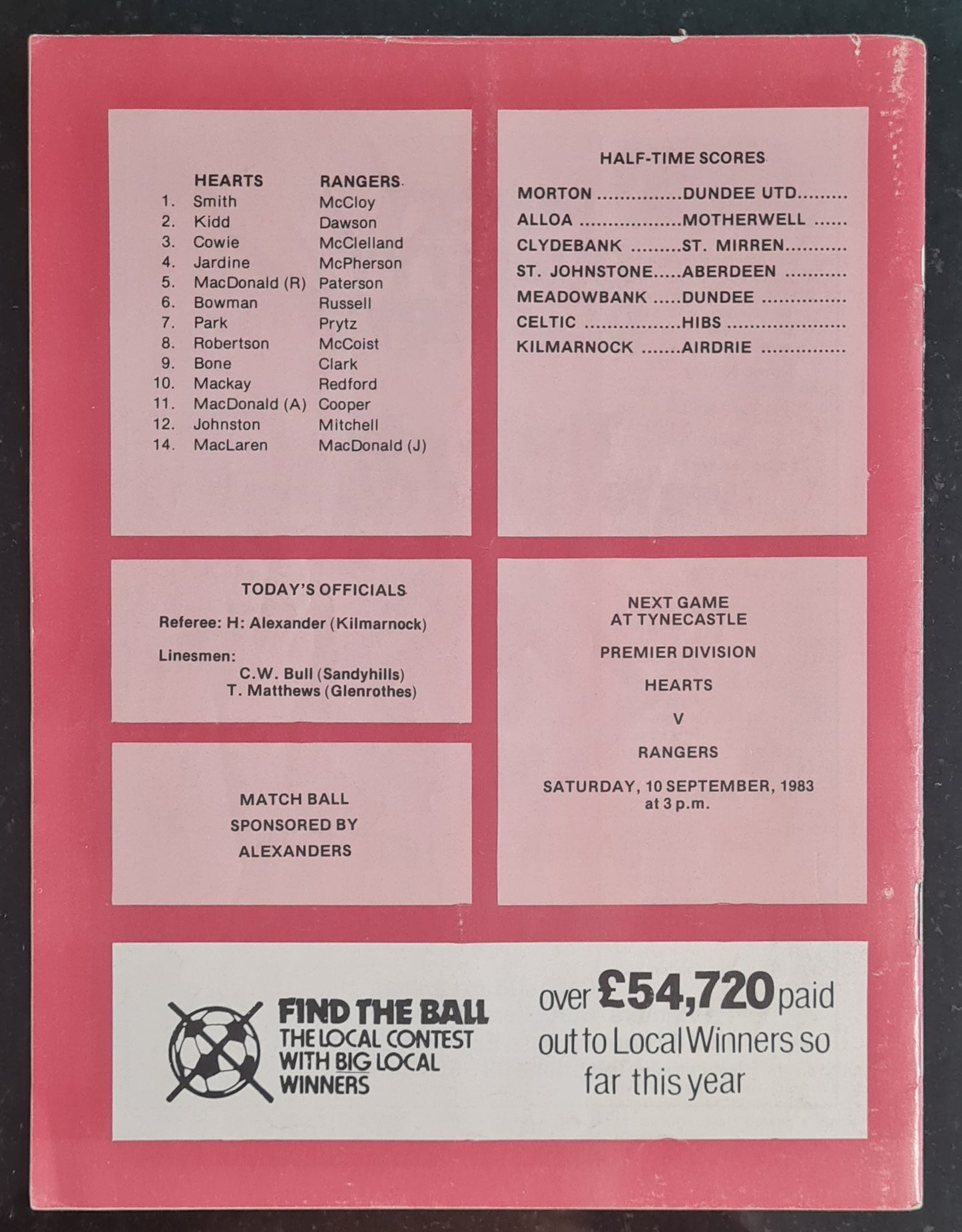 Scottish Football Programme Vintage - 1983 Hearts vs Rangers League Match 07 Sept