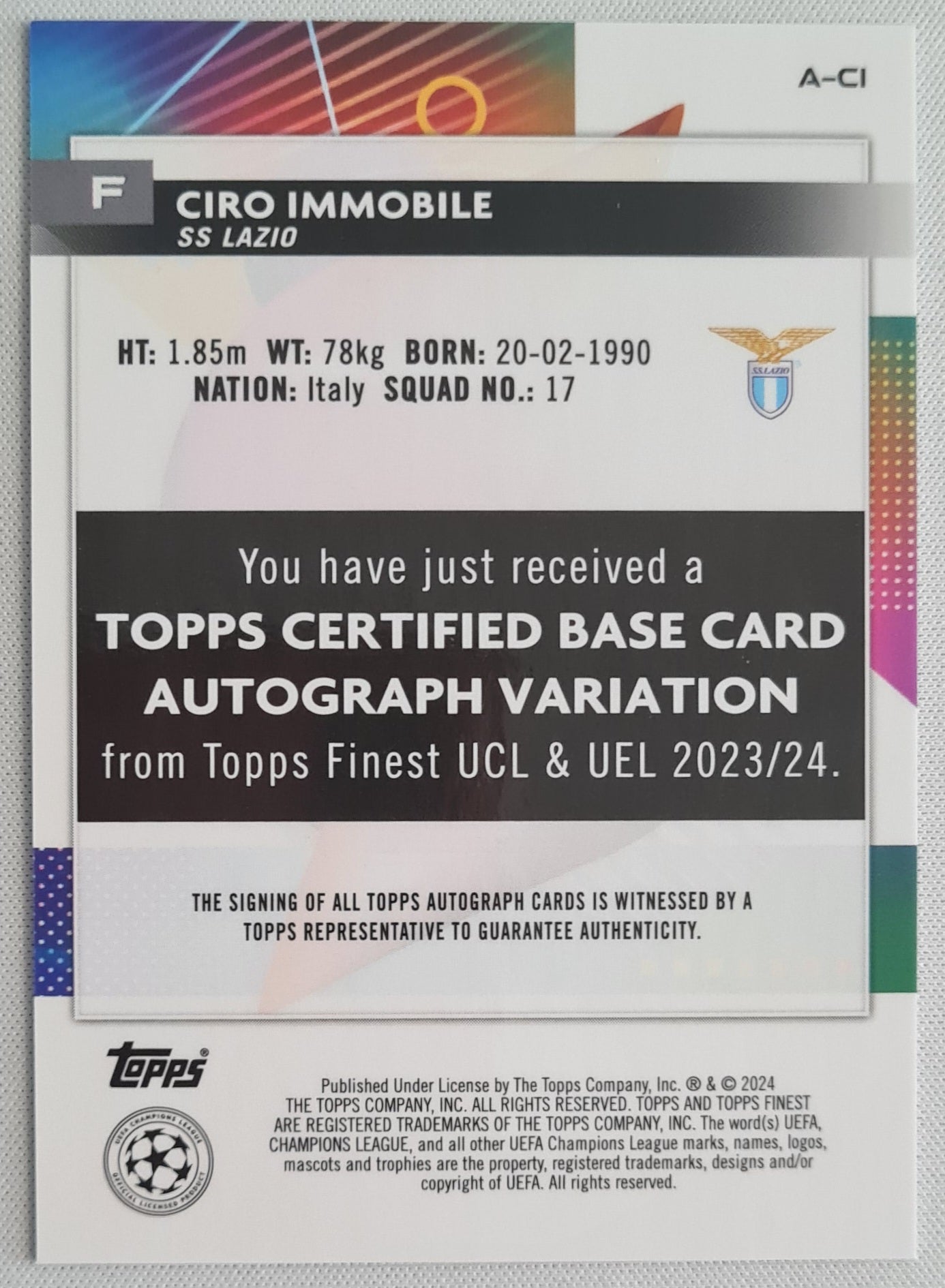 Ciro Immobile - 2024 Topps Finest /150 - SS Lazio /Auto