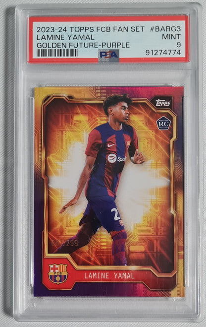 Lamine Yamal - 2023 Topps FCB Fan Set #BARG3  /299 Golden Future-Purple PSA 9 - Case Hit !