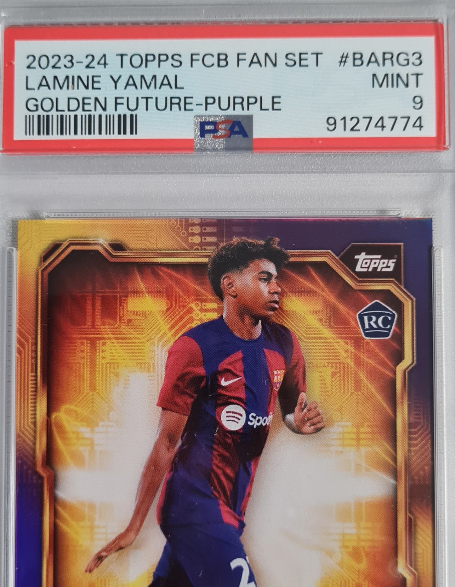 Lamine Yamal - 2023 Topps FCB Fan Set #BARG3  /299 Golden Future-Purple PSA 9 - Case Hit !