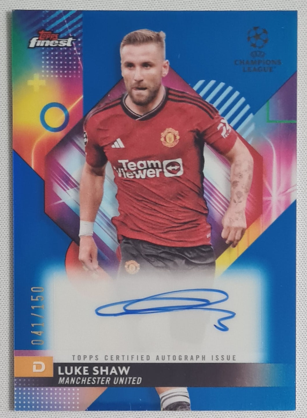 Luke Shaw - 2024 Topps Finest Man United CL /150 Autograph - Sky Blue