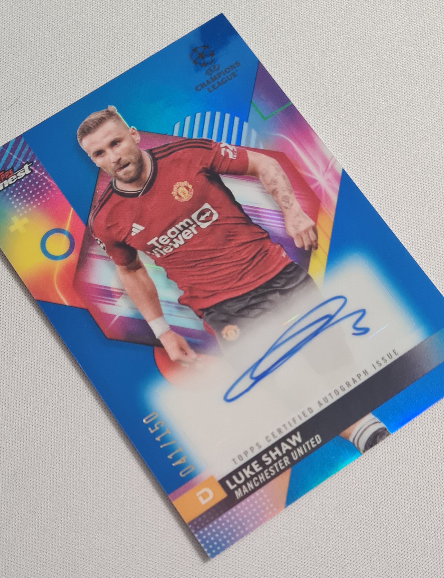 Luke Shaw - 2024 Topps Finest Man United CL /150 Autograph - Sky Blue