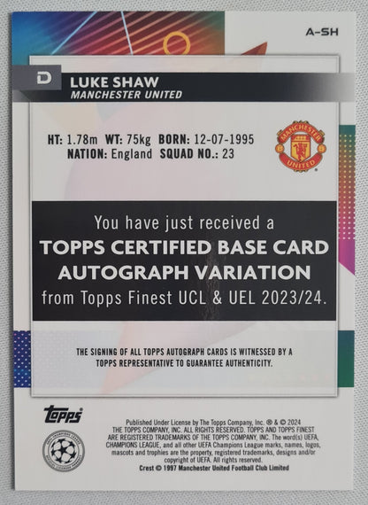 Luke Shaw - 2024 Topps Finest Man United CL /150 Autograph - Sky Blue