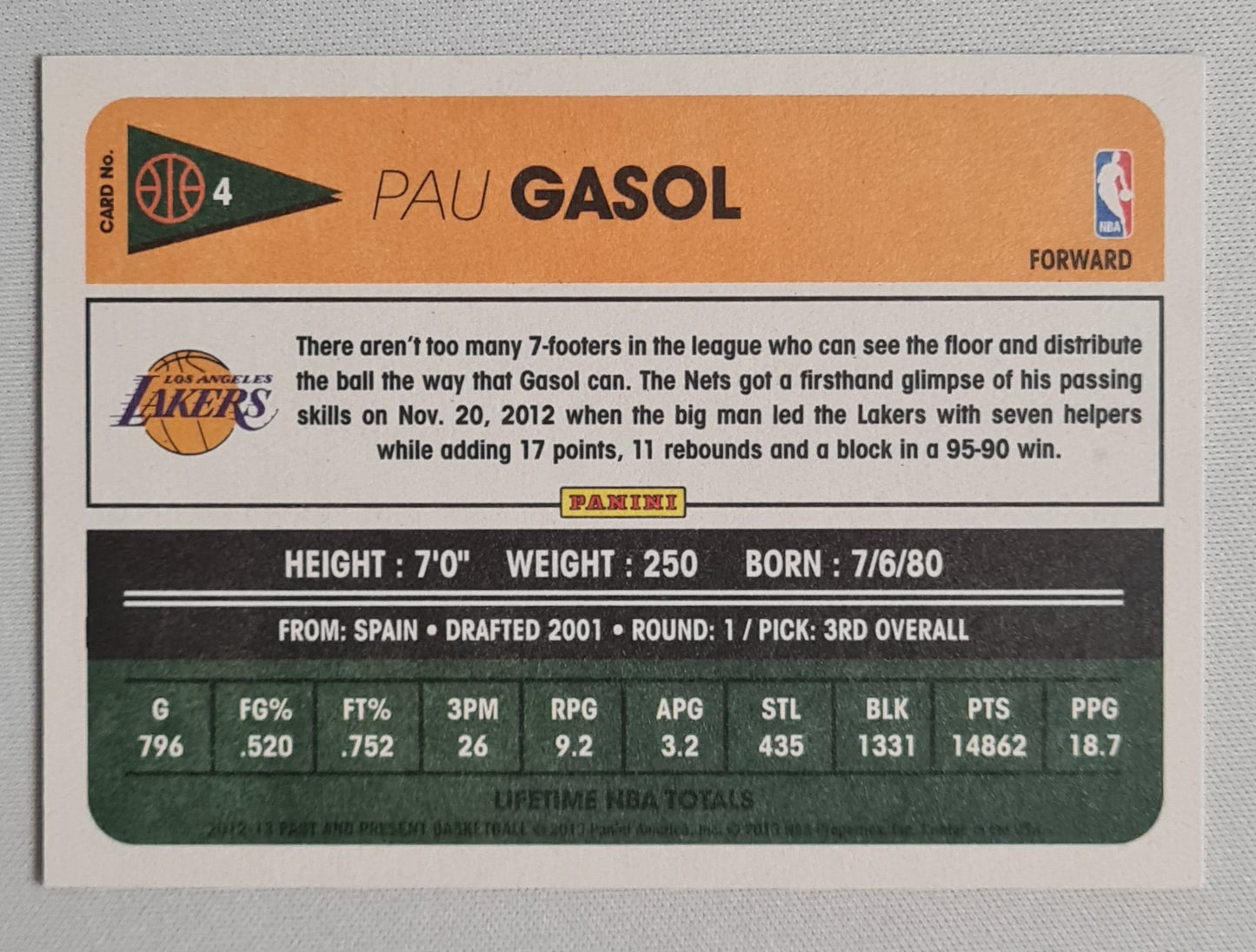 Pau Gasol - 2013 Panini NBA L.A. Lakers Past & Present Basketball #4