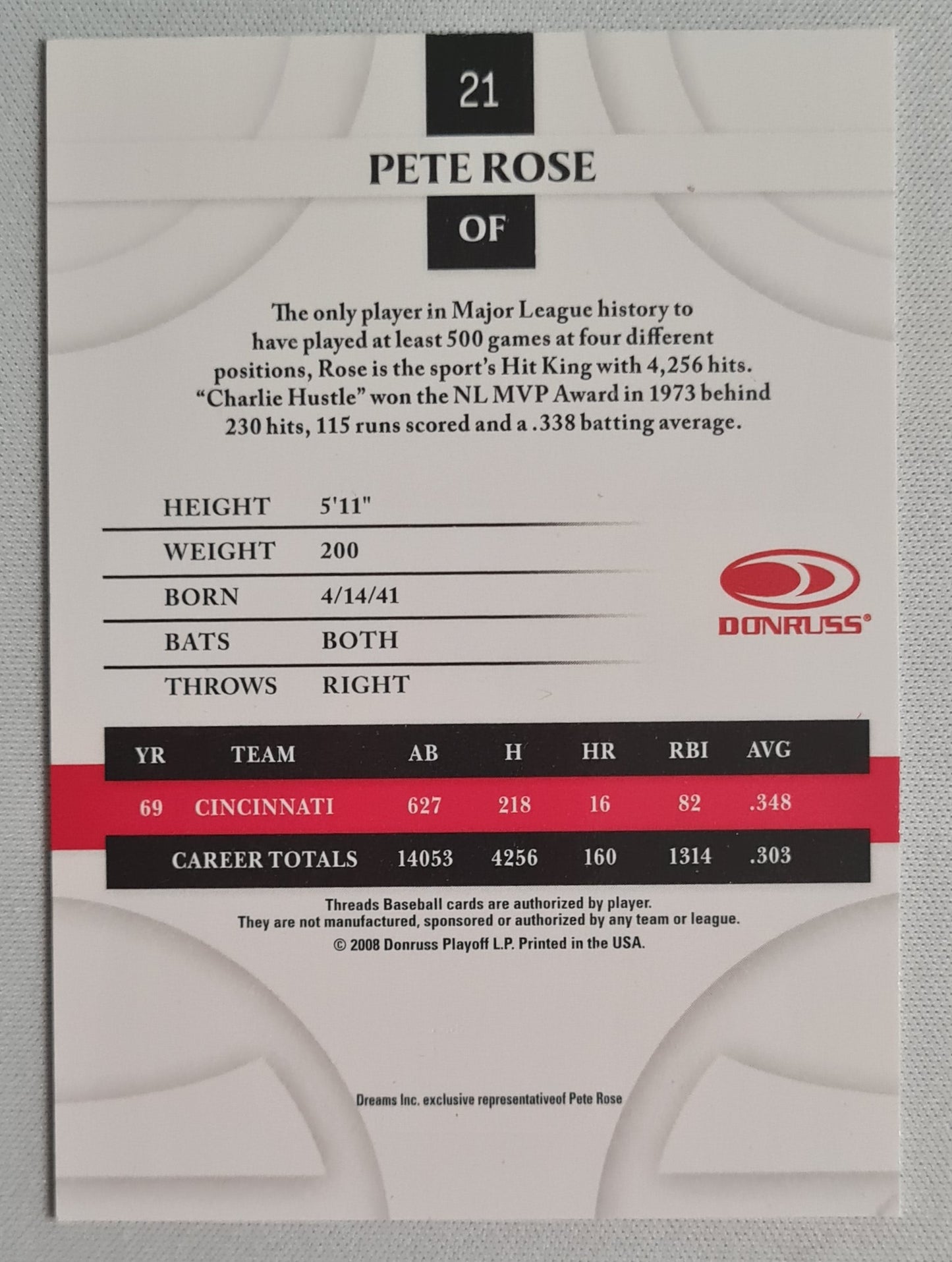 Pete Rose - 2008 Donruss Playoff L.P. Printed #21 OF - 2008 Threads