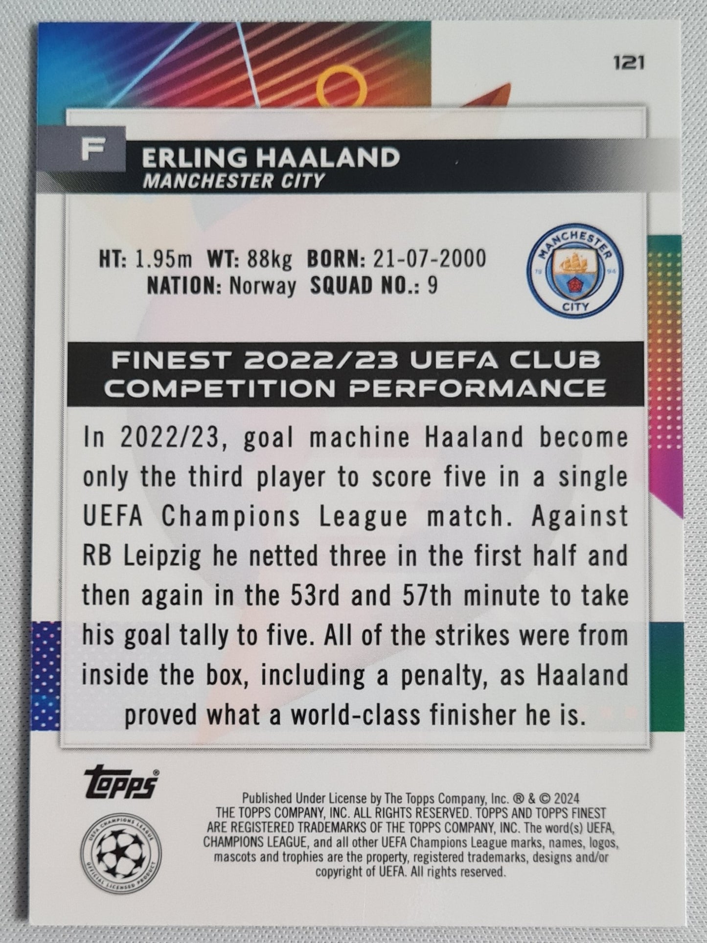 Erling Haaland - 2024 Topps Finest #121 Rose Gold Mini Diamond Refr. UCC /50