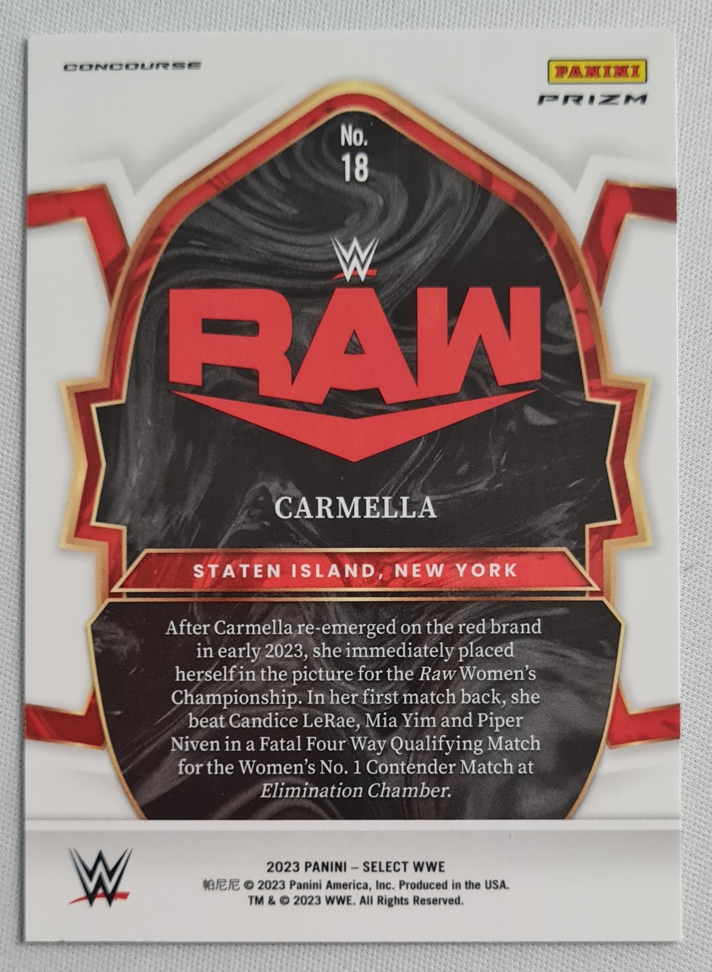 Carmella - 2023 Panini Select Prizm WWE Concourse #18 RAW Orange Flash Prizm