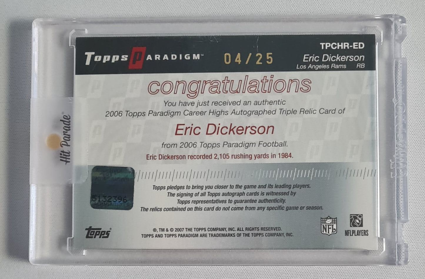 Eric Dickerson -2007 Topps Paradigm #TPCHR-ED /25 Los Angeles Rams - Autograph + Triple Relic Card