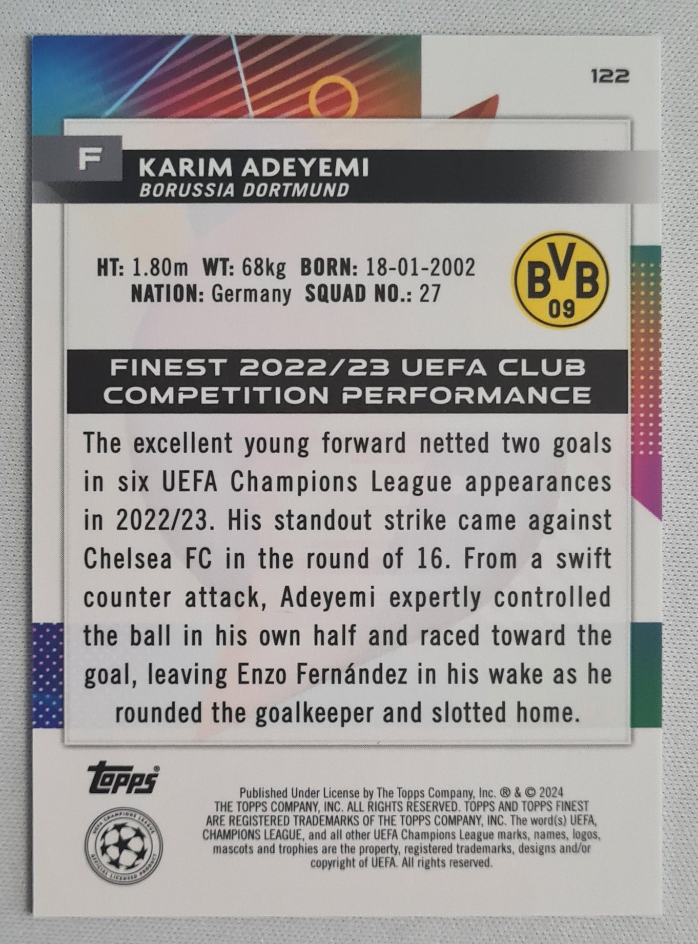 Karim Adeyemi - 2024 Topps Finest Borussia Dortmund BVB #122 CL /99 Green