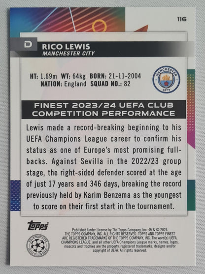 Rico Lewis - 2024 Topps Finest Manchester City #116 CL /150 Blue