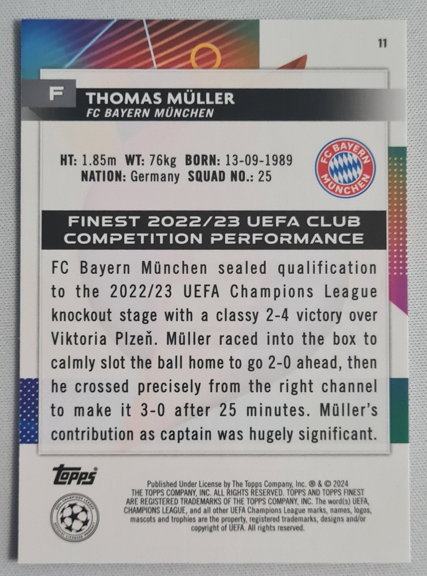 Thomas Muller - 2024 Topps Finest FC Bayern Munchen #11 CL /199 Purple Shimmer