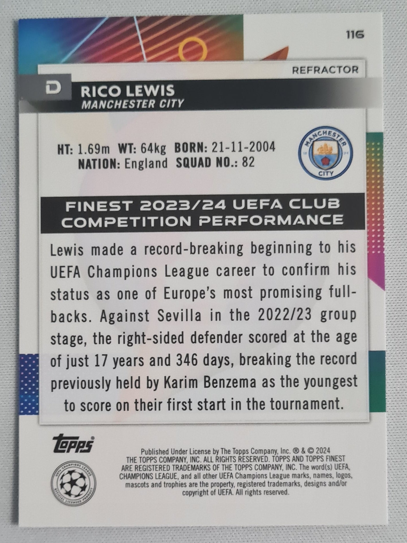 Rico Lewis - 2024 Topps Finest Manchester City  #116 CL - Halo Refractor
