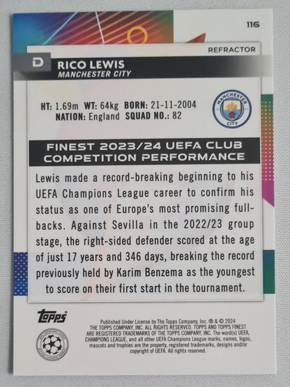 Rico Lewis - 2024 Topps Finest Manchester City  #116 CL - Halo Refractor