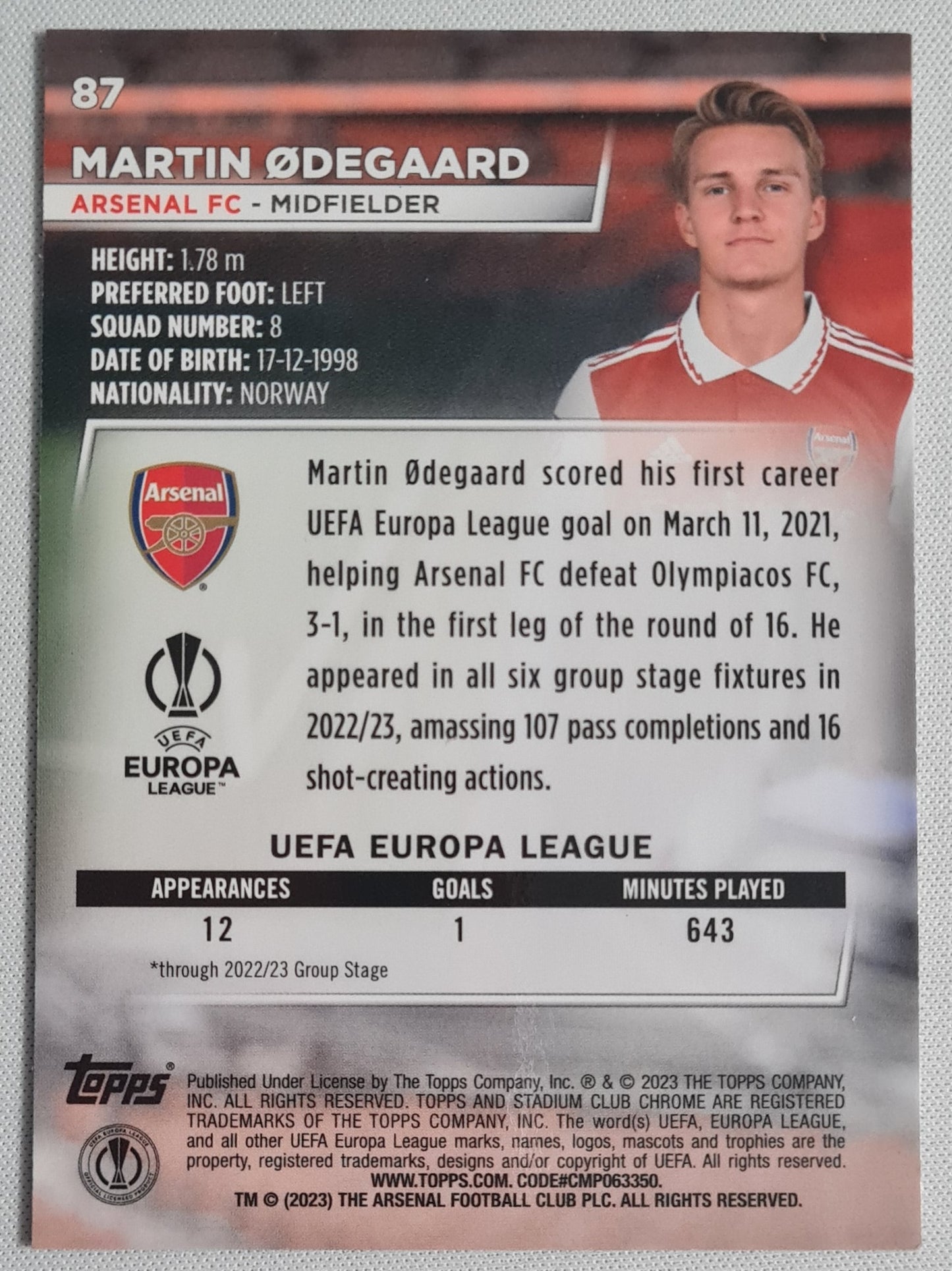 Martin Odegaard - 2023 Topps Stadium Chrome Europa League #87 Arsenal FC  Refractor