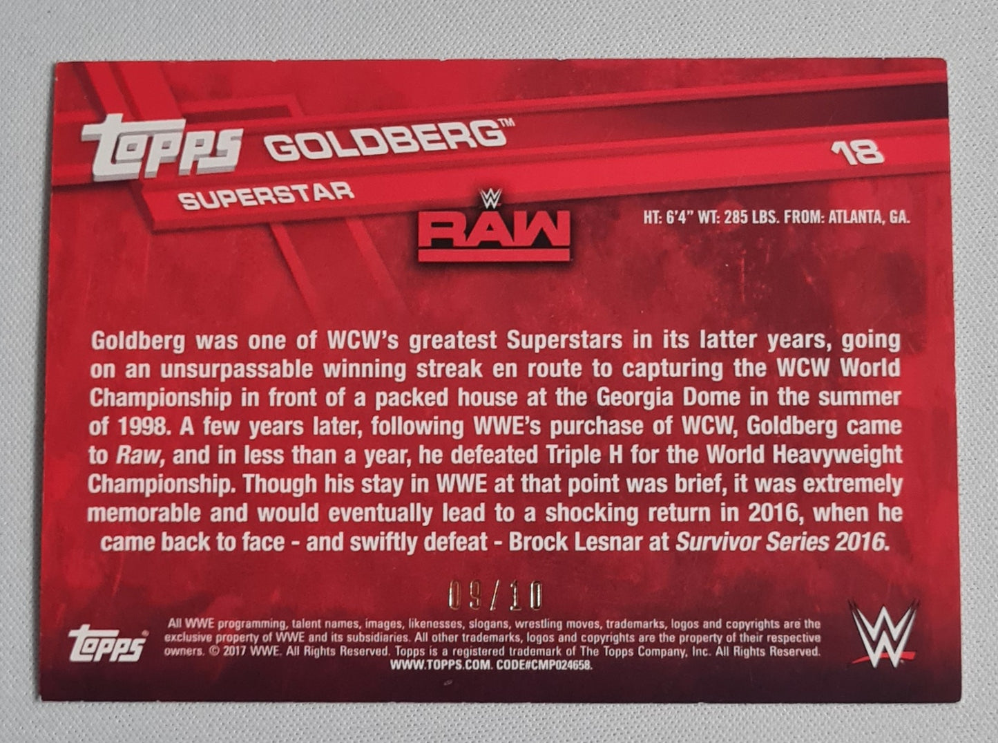 Goldberg - 2017 Topps WWE Superstar RAW /10