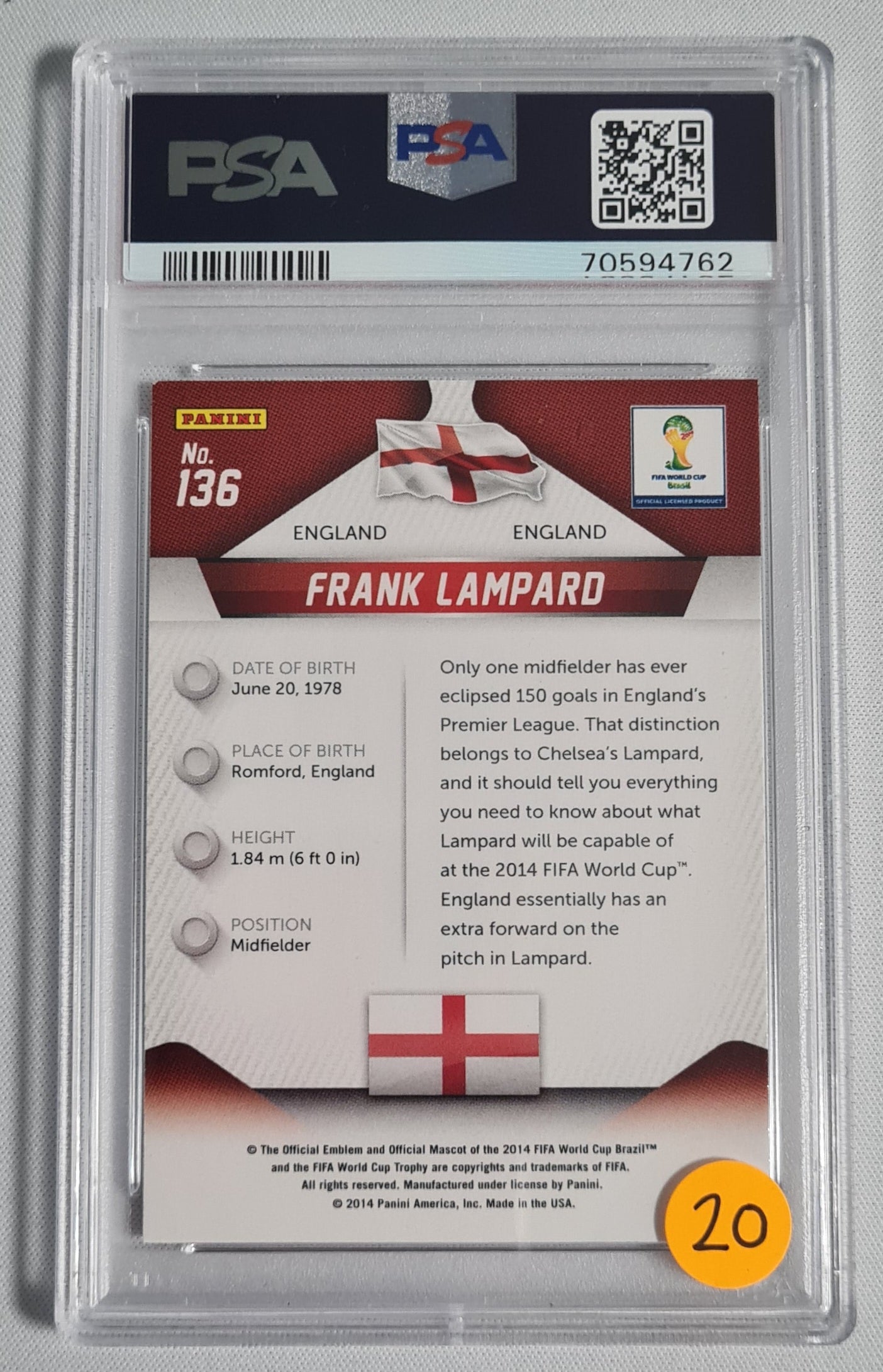 Frank Lampard - 2014 Panini Prizm W/C #136 Team England PSA 9