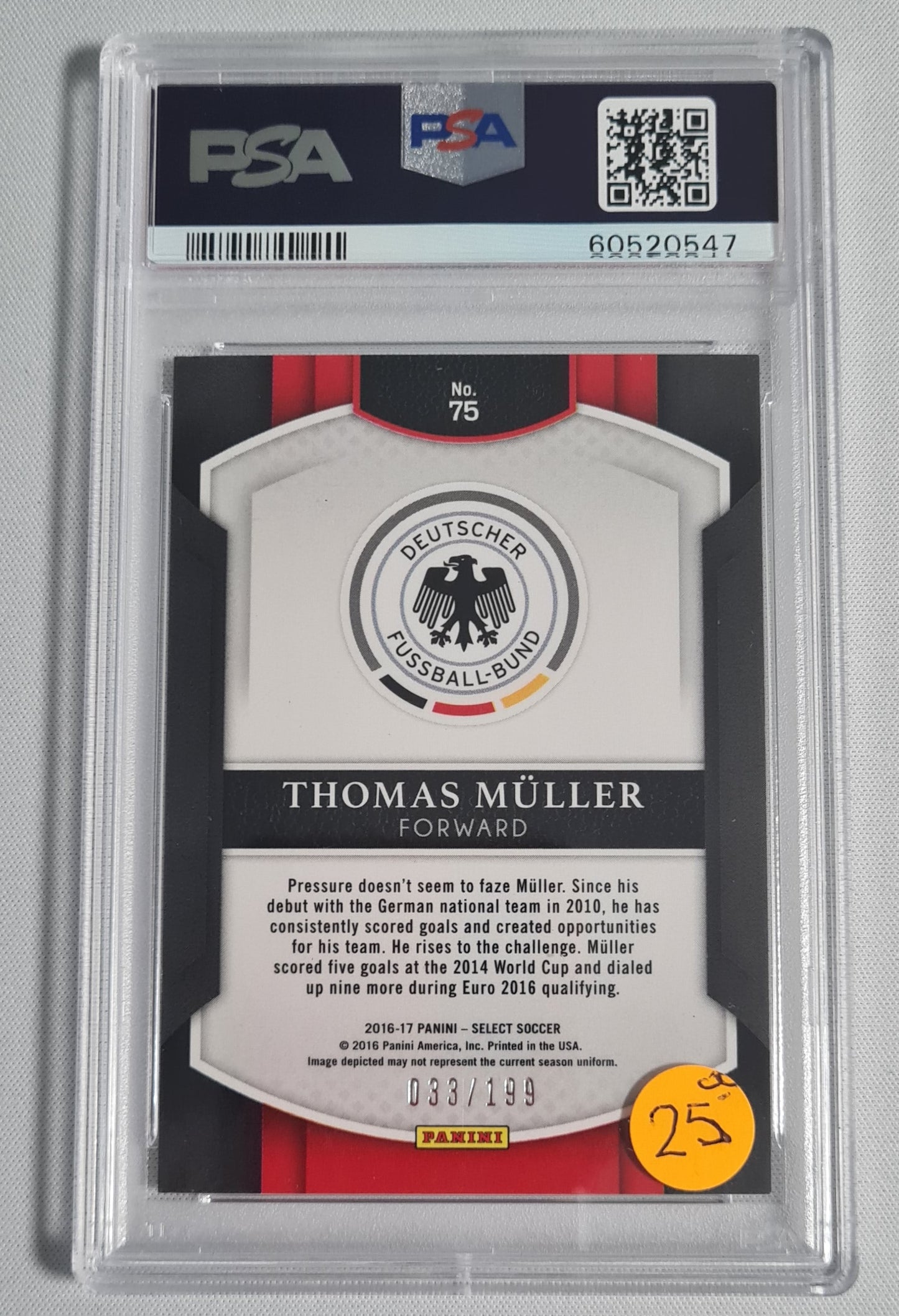 Thomas Muller - 2016 Panini Select #75 Red Prizm /199 Team Germany PSA 9